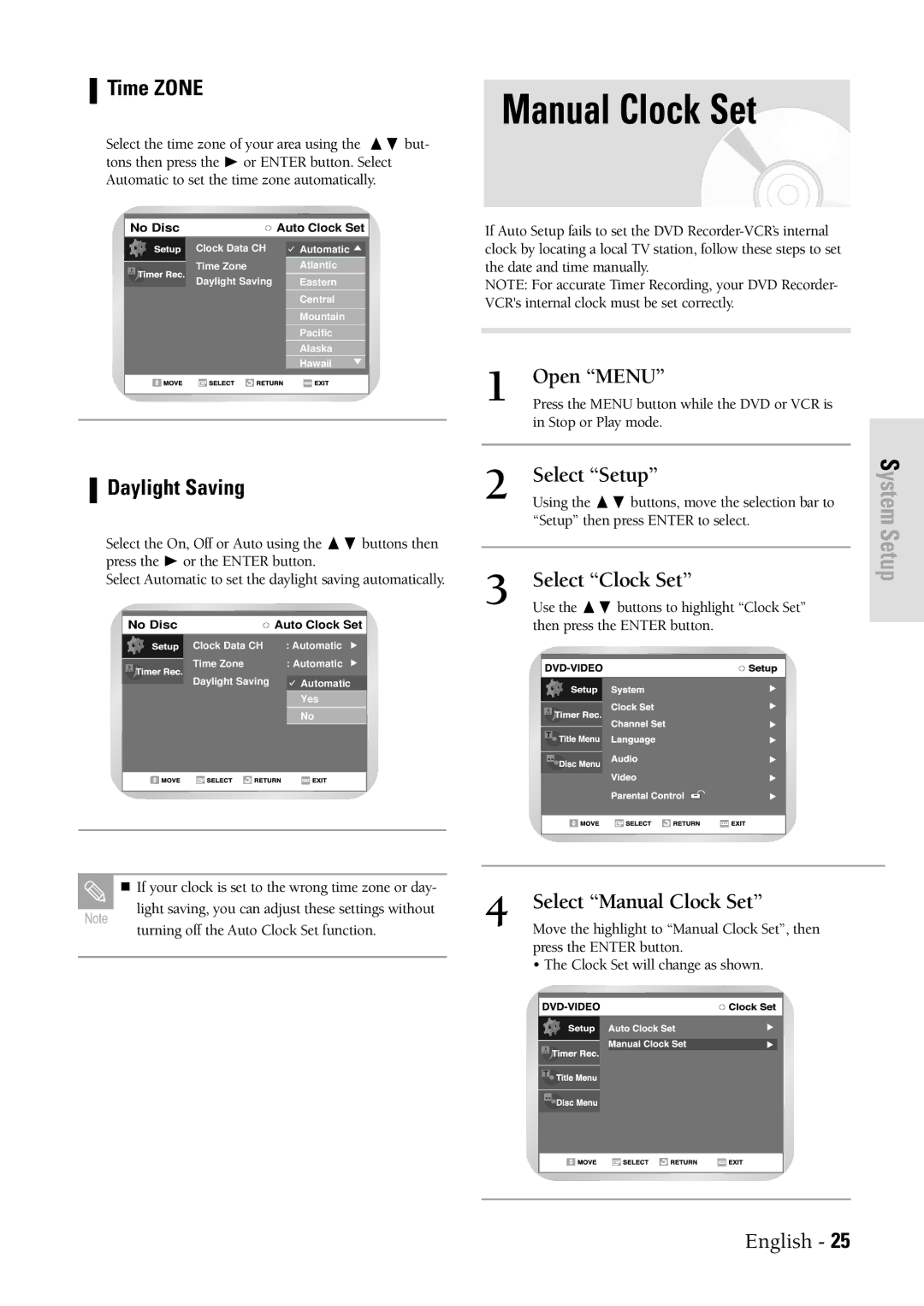 Samsung DVDVR300 instruction manual Manual Clock Set, Time Zone, Daylight Saving 