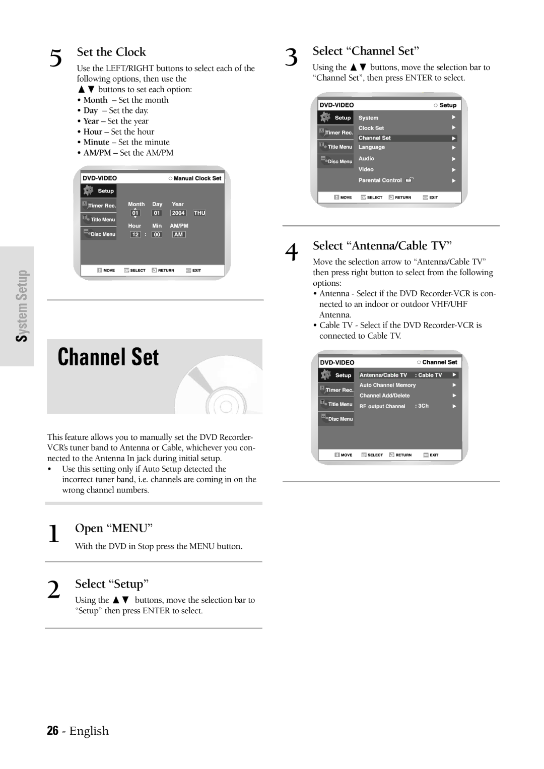 Samsung DVDVR300 instruction manual Set the Clock Select Channel Set, Select Antenna/Cable TV 