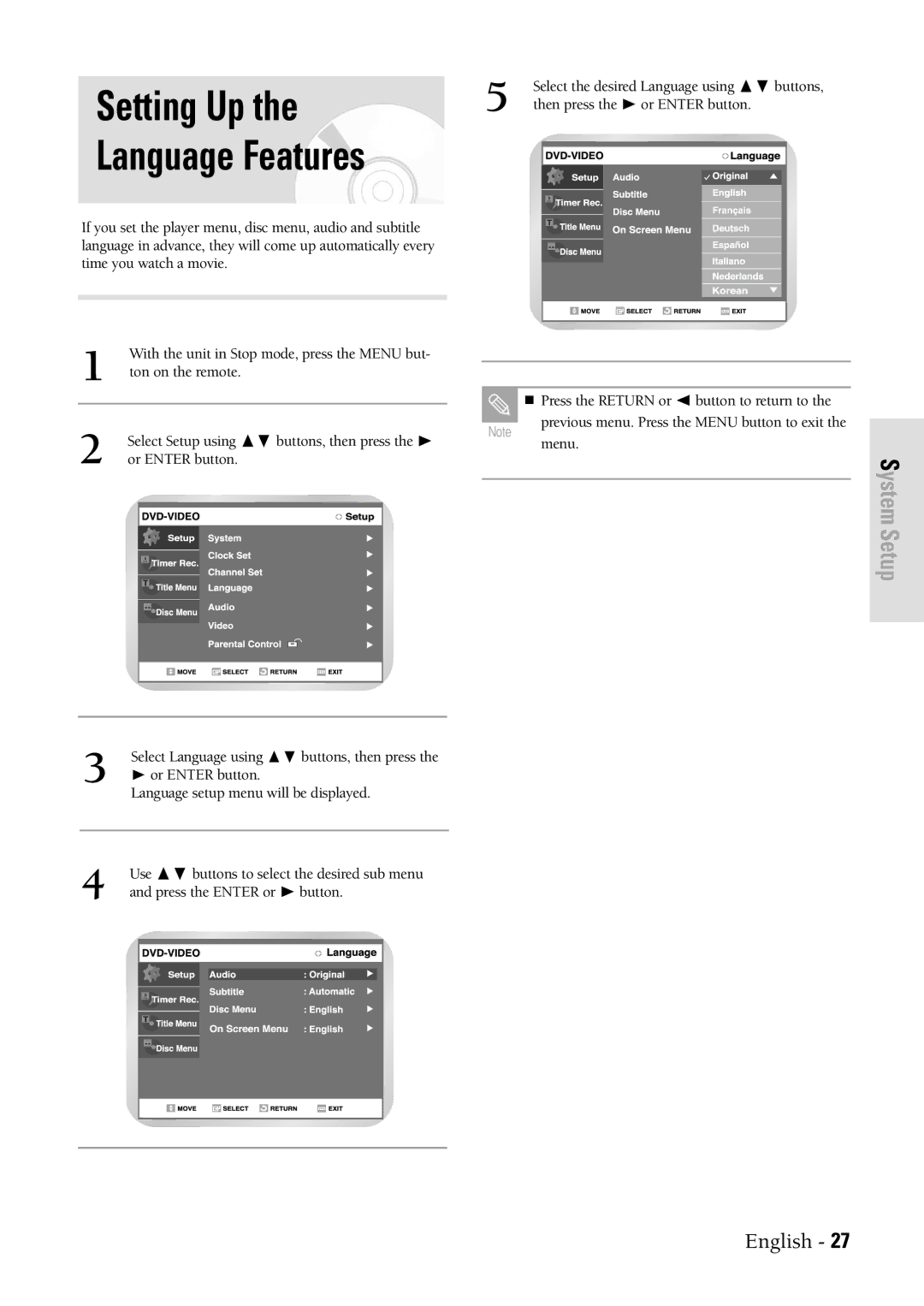 Samsung DVDVR300 instruction manual Setting Up, Language Features 