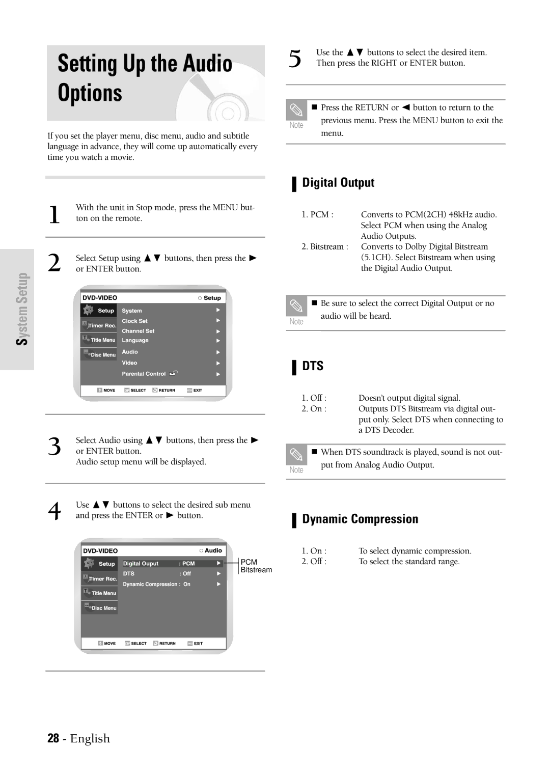 Samsung DVDVR300 instruction manual Setting Up the Audio Options, Digital Output, Dynamic Compression 