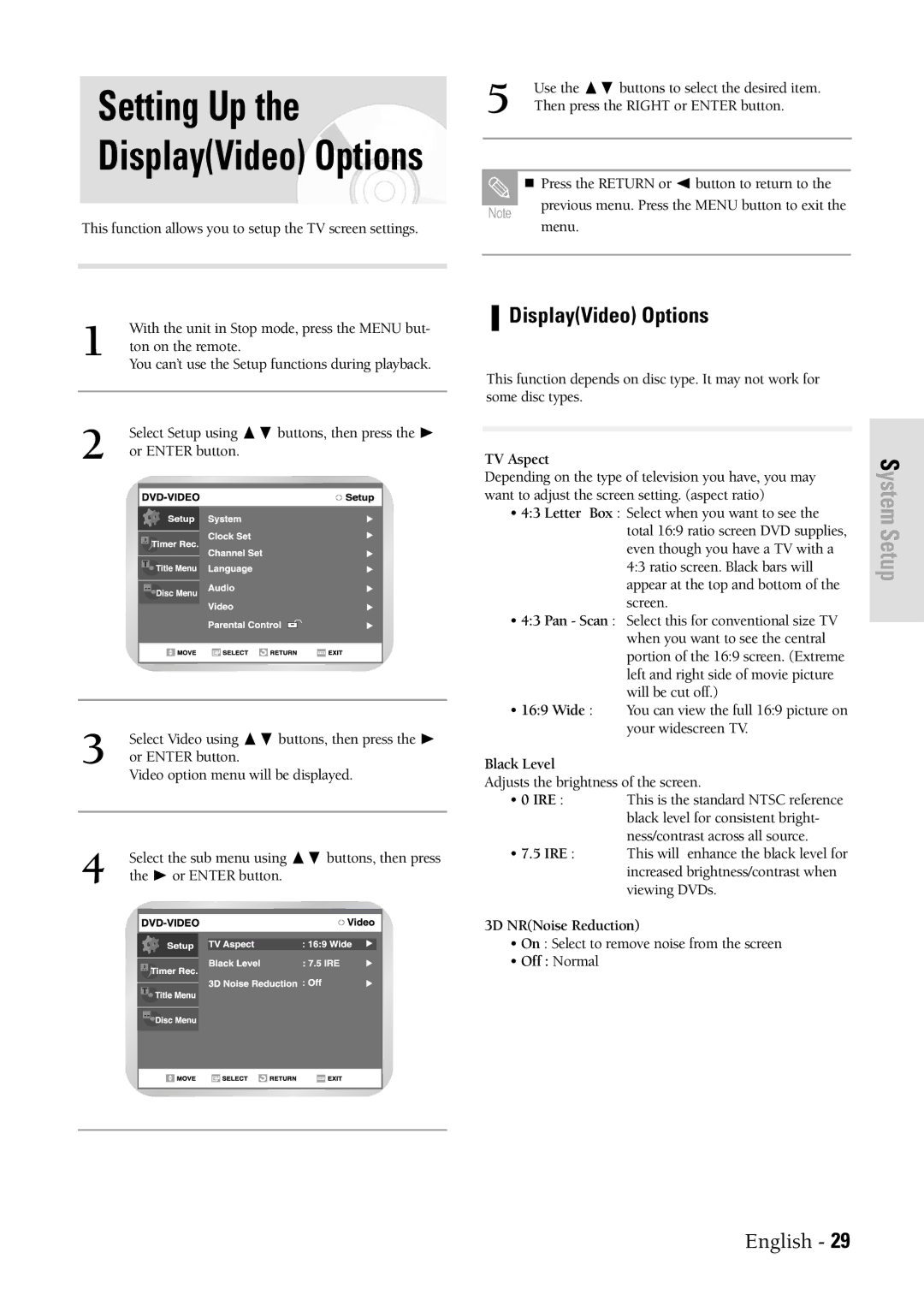 Samsung DVDVR300 instruction manual DisplayVideo Options, TV Aspect, Black Level, 3D NRNoise Reduction, Off Normal 