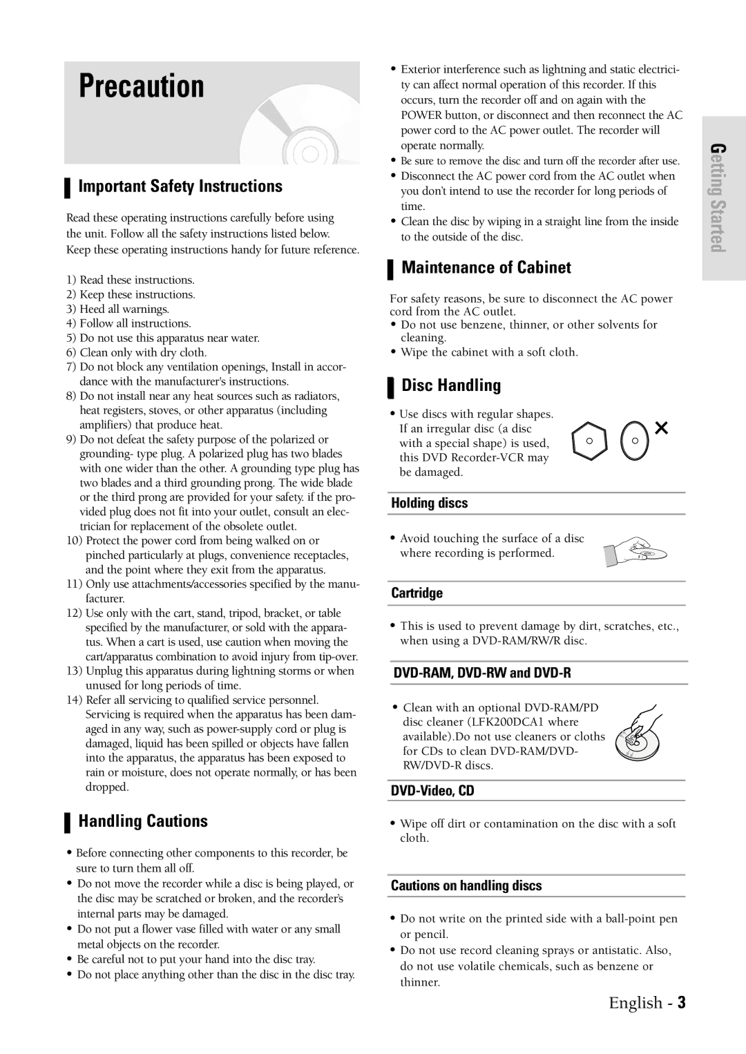 Samsung DVDVR300 Precaution, Important Safety Instructions, Handling Cautions, Maintenance of Cabinet, Disc Handling 
