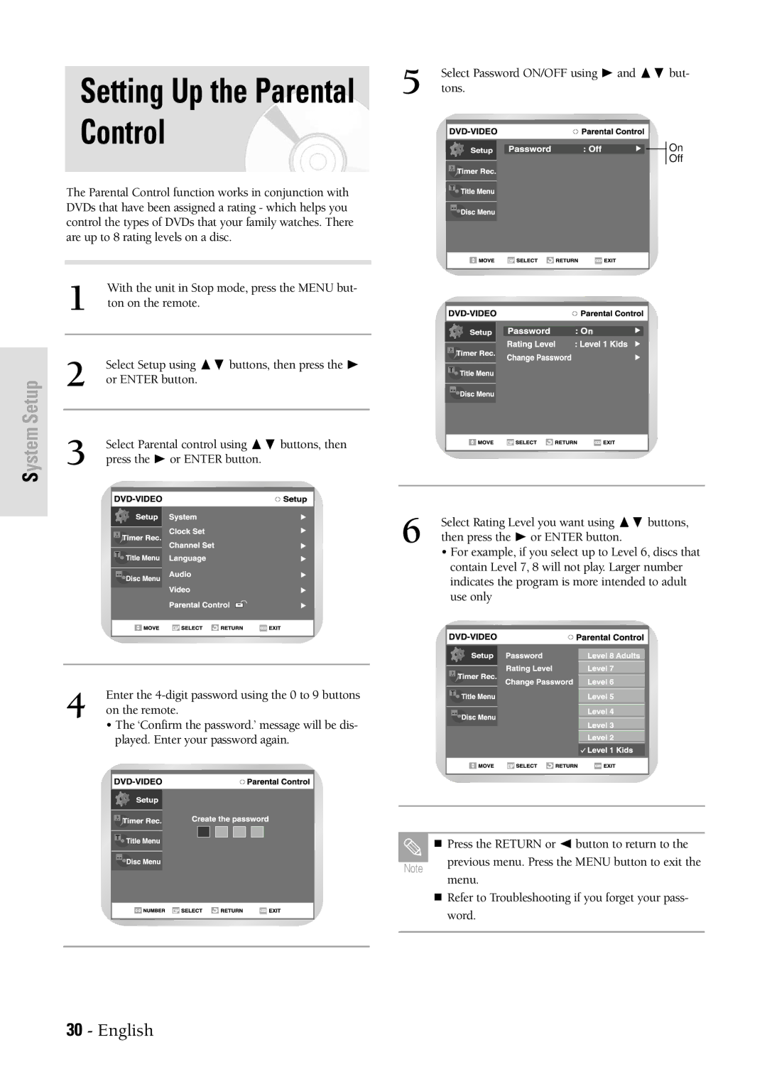 Samsung DVDVR300 instruction manual Setting Up the Parental Control 