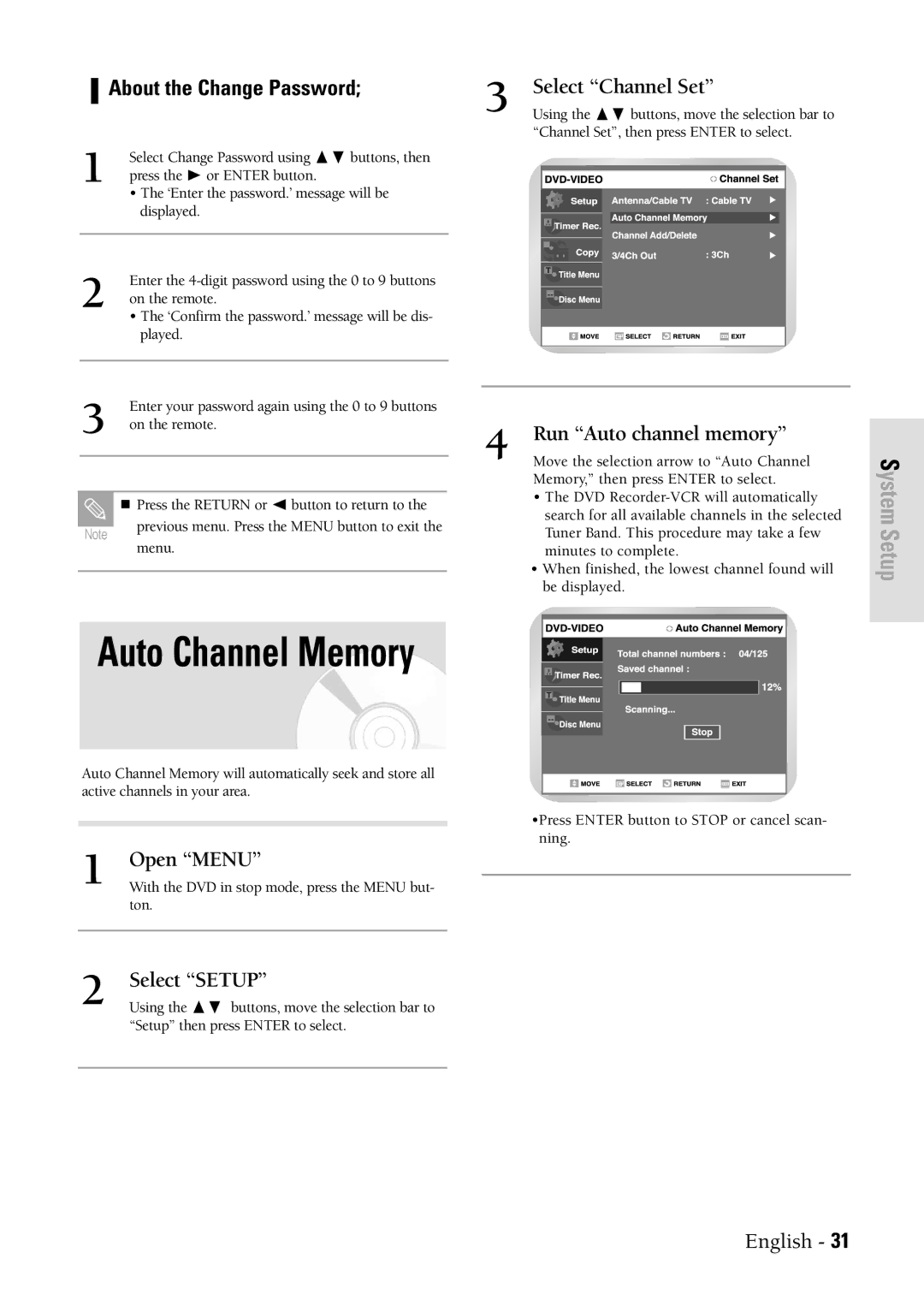 Samsung DVDVR300 instruction manual Auto Channel Memory, About the Change Password, Run Auto channel memory 