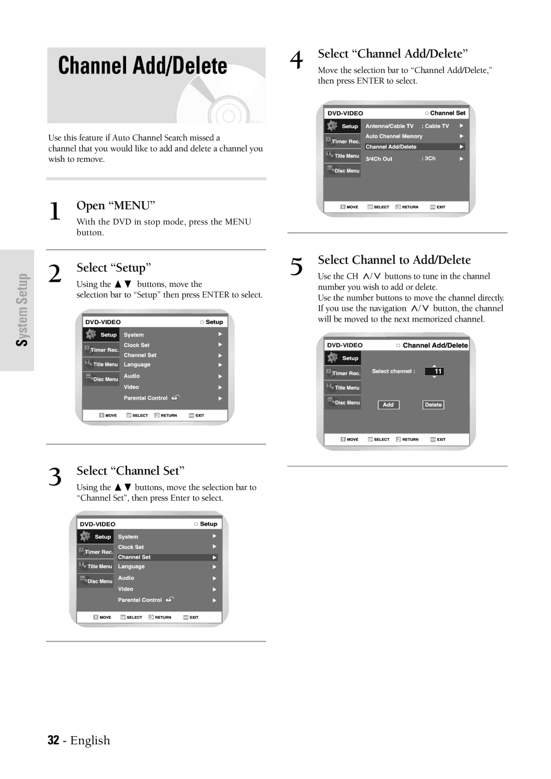 Samsung DVDVR300 instruction manual Select Channel Add/Delete, Select Channel to Add/Delete 