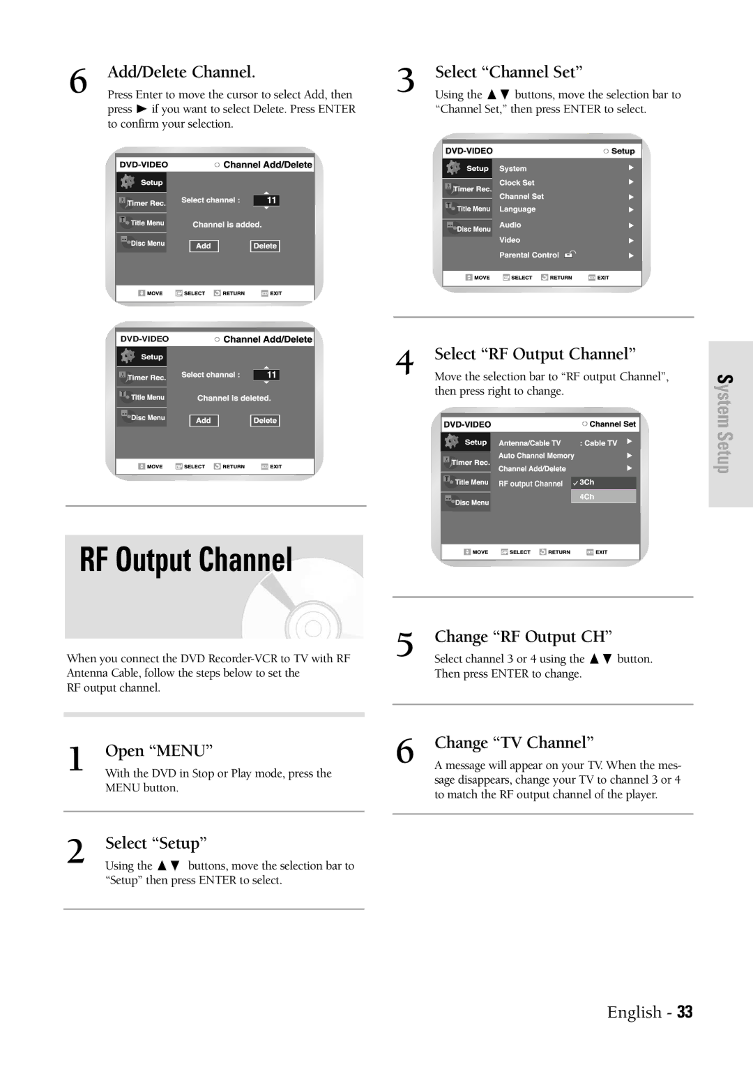 Samsung DVDVR300 Add/Delete Channel, Select RF Output Channel, Change RF Output CH, Change TV Channel 