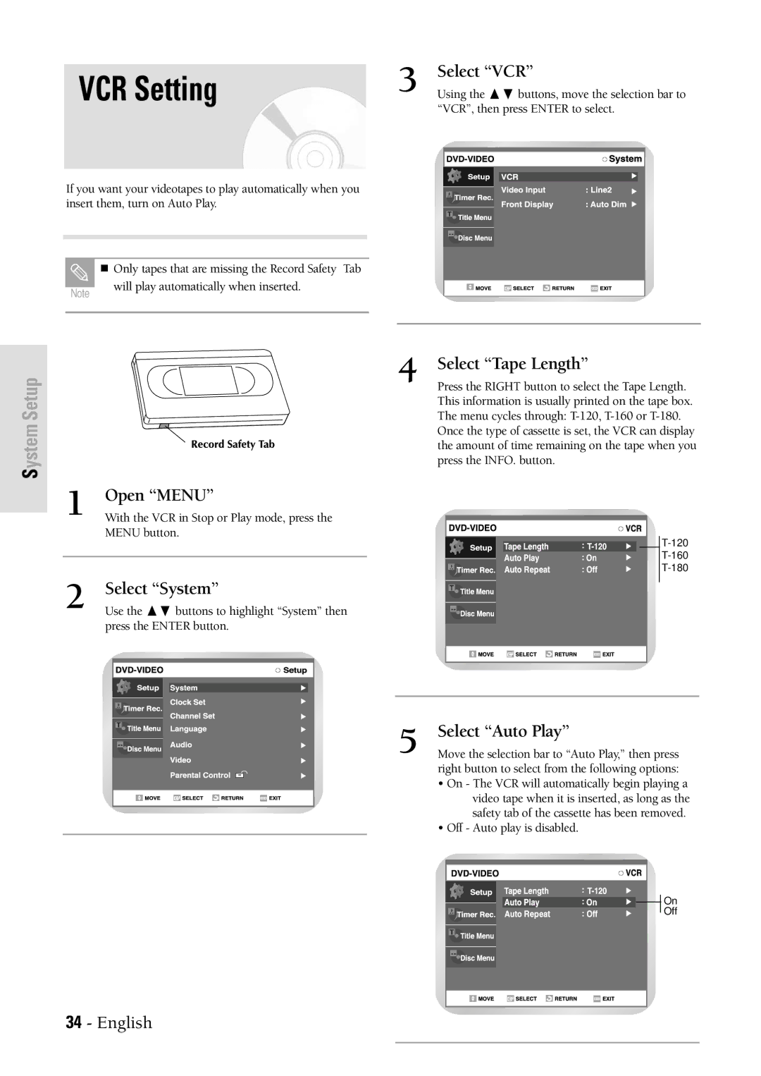 Samsung DVDVR300 instruction manual VCR Setting, Select VCR, Select System, Select Tape Length, Select Auto Play 