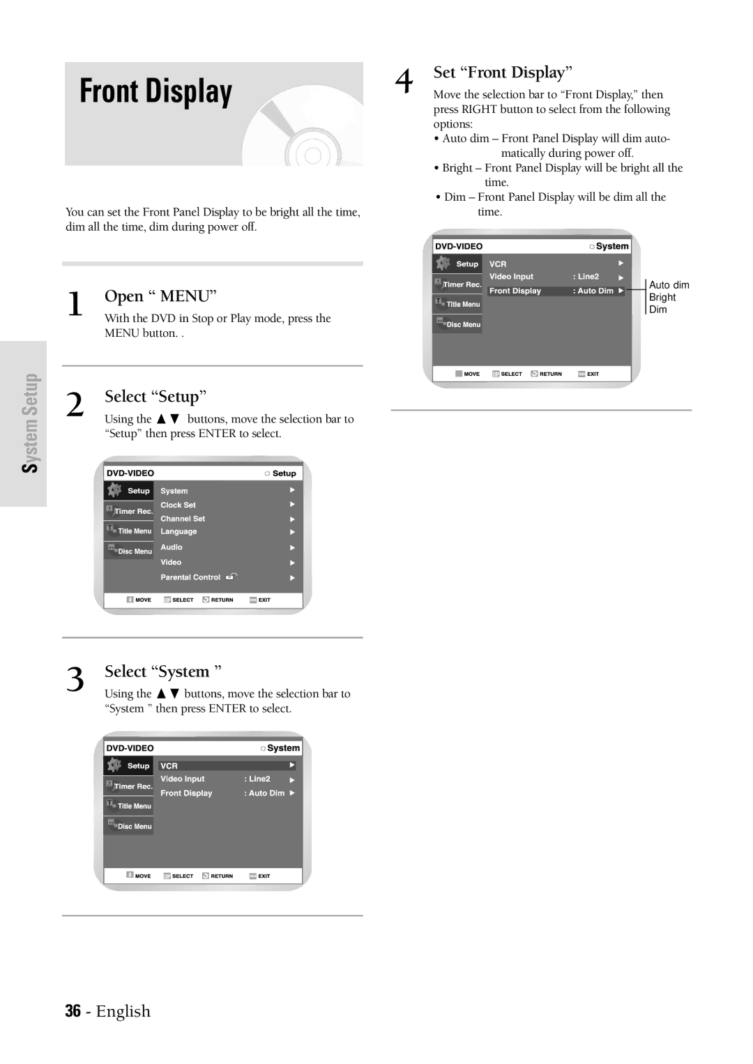 Samsung DVDVR300 instruction manual Set Front Display 