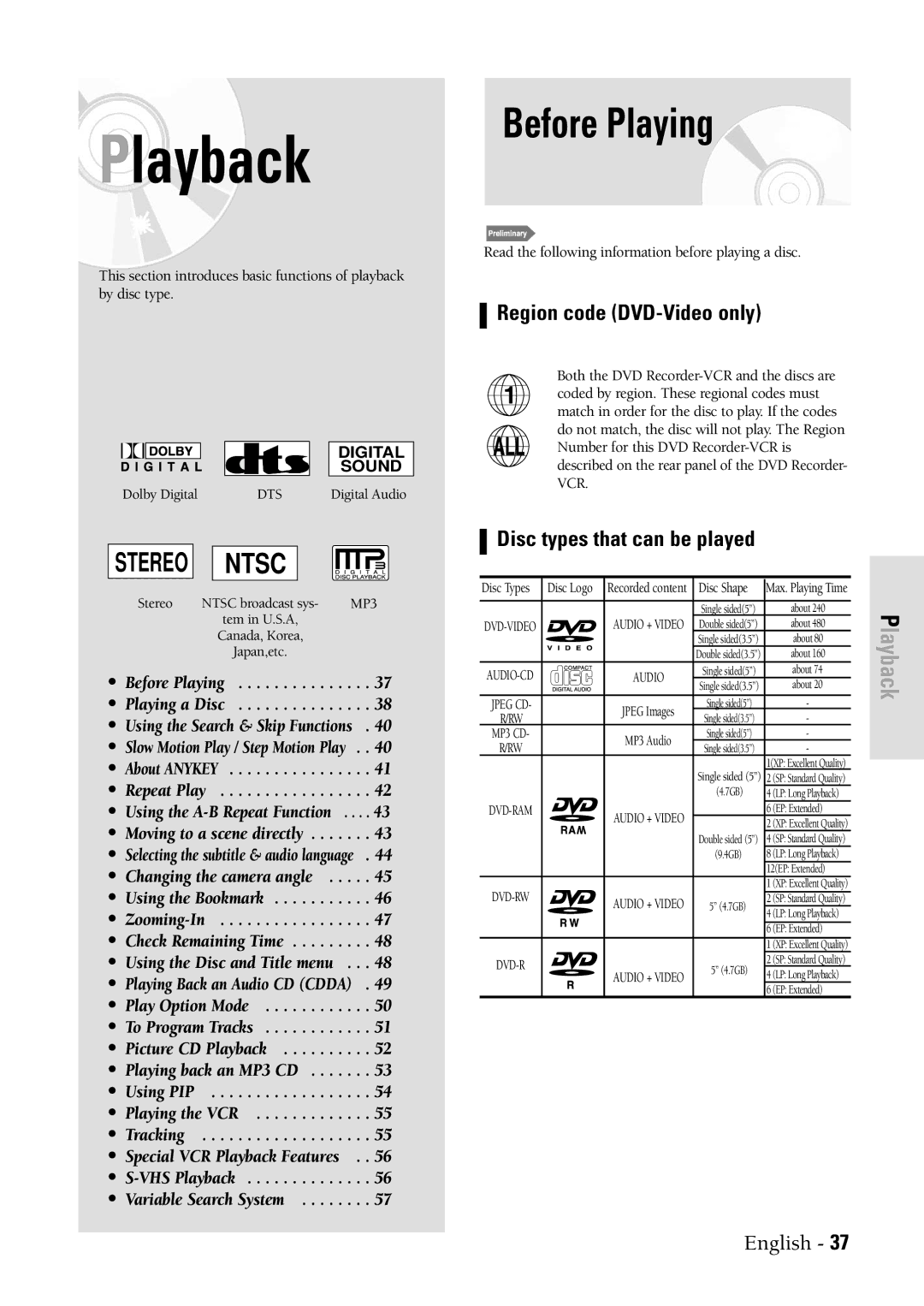 Samsung DVDVR300 instruction manual Before Playing, Region code DVD-Video only, Disc types that can be played 