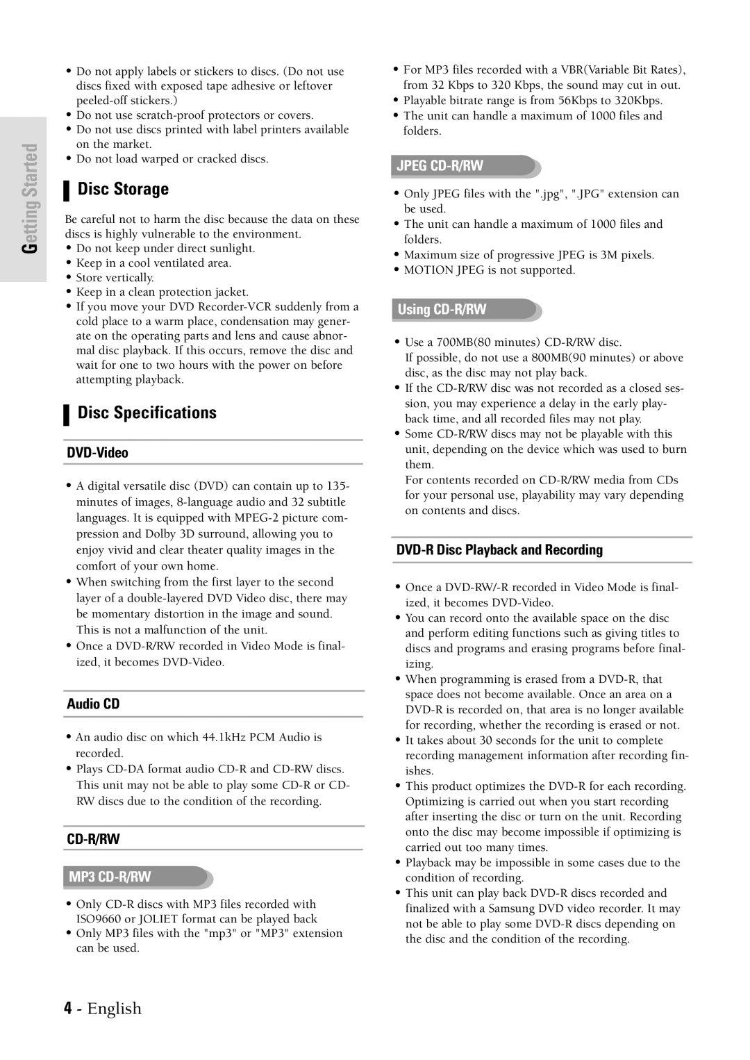 Samsung DVDVR300 instruction manual Disc Storage, Disc Specifications 