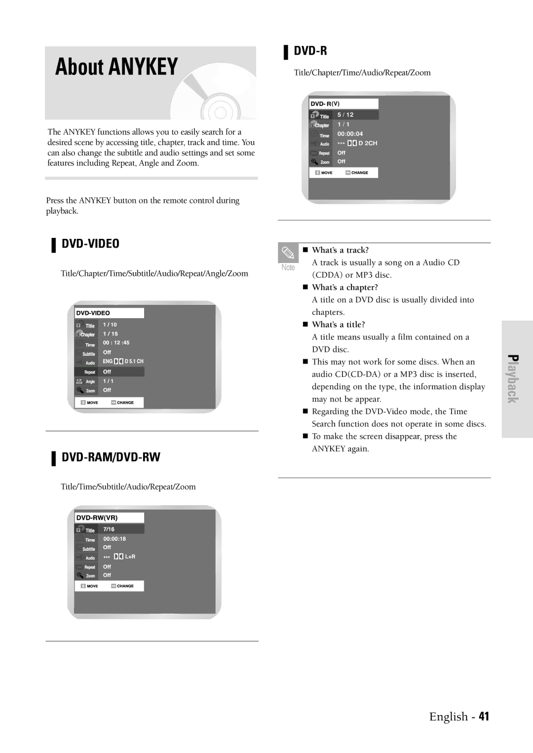 Samsung DVDVR300 instruction manual About Anykey, What’s a track?, What’s a chapter?, What’s a title? 