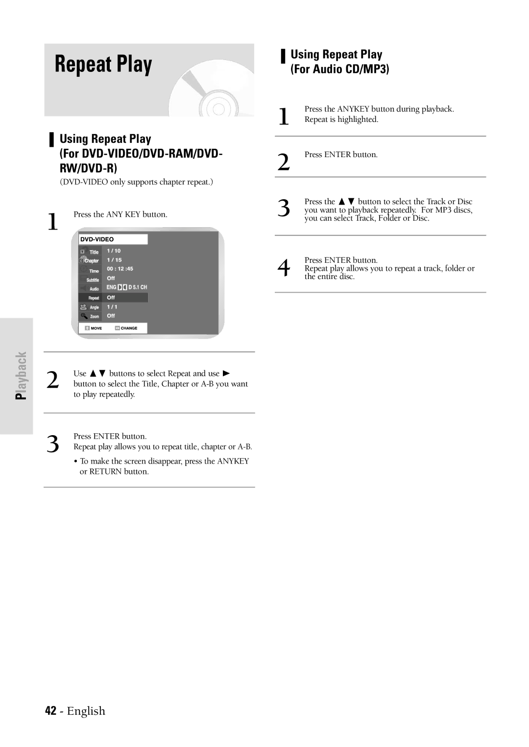 Samsung DVDVR300 instruction manual Using Repeat Play For DVD-VIDEO/DVD-RAM/DVD, Using Repeat Play For Audio CD/MP3 