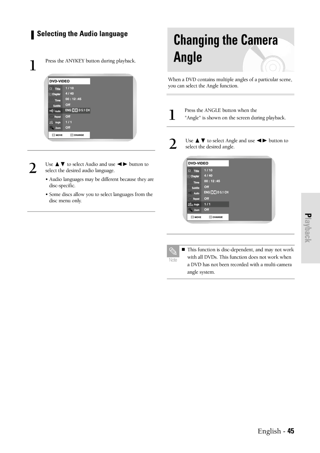 Samsung DVDVR300 instruction manual Changing the Camera Angle, Selecting the Audio language 