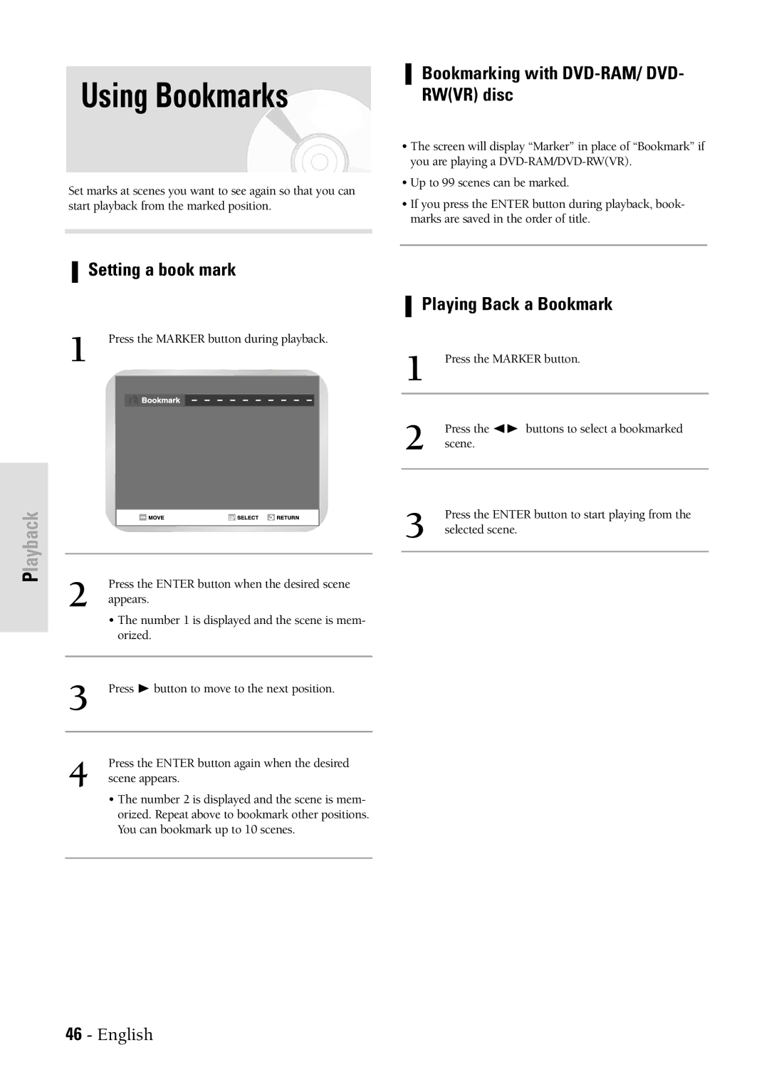 Samsung DVDVR300 Using Bookmarks, Bookmarking with DVD-RAM/ DVD- Rwvr disc, Setting a book mark, Playing Back a Bookmark 