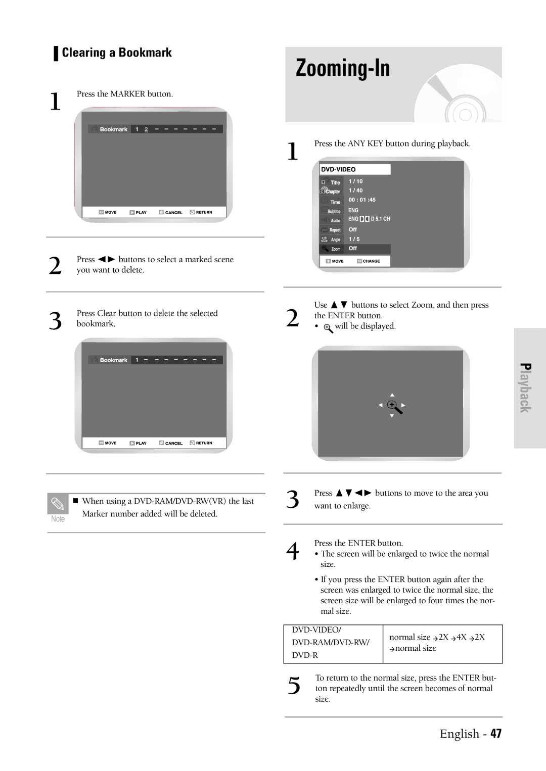 Samsung DVDVR300 instruction manual Zooming-In, Clearing a Bookmark 