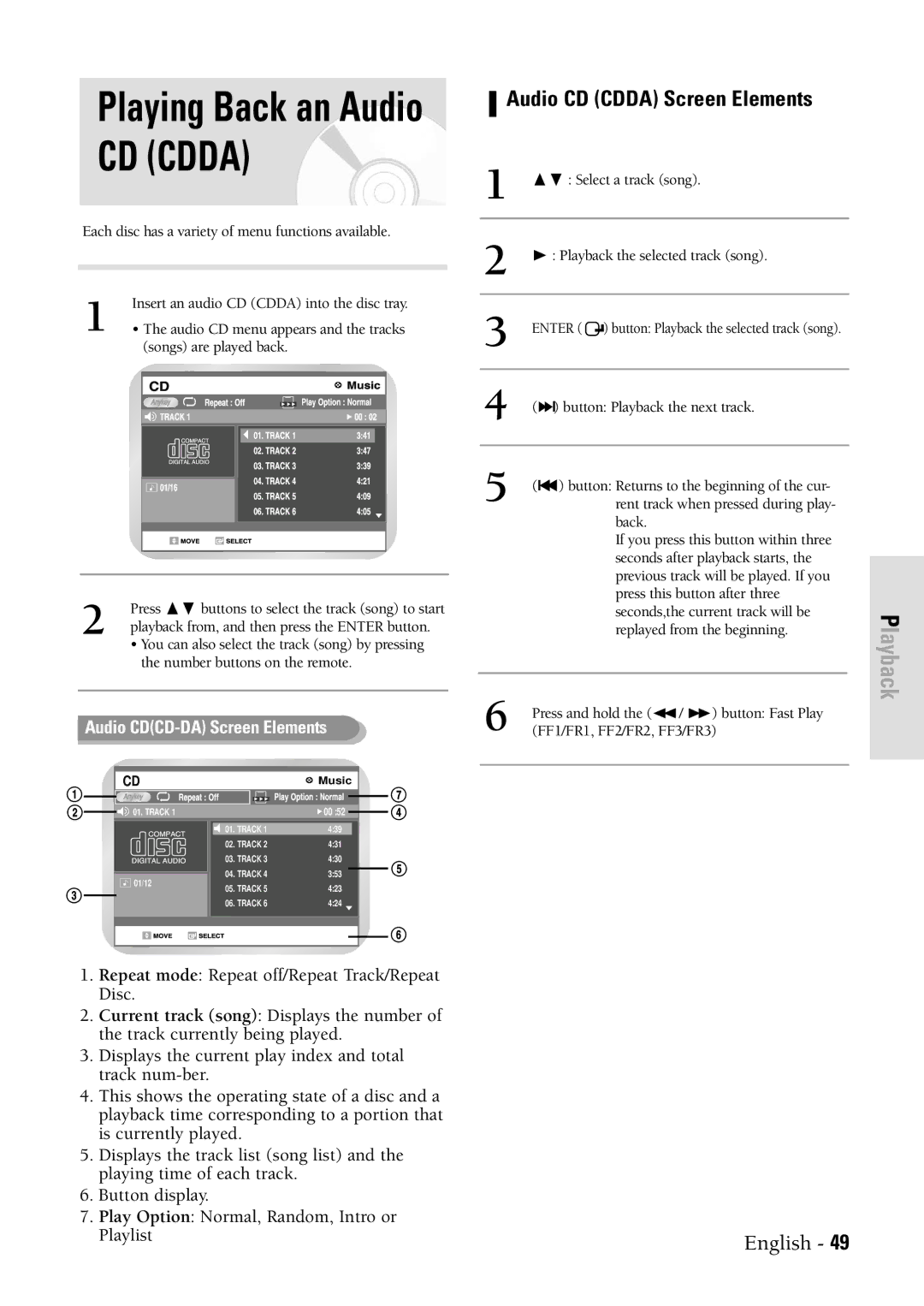 Samsung DVDVR300 instruction manual Playing Back an Audio CD Cdda, Audio CD Cdda Screen Elements 