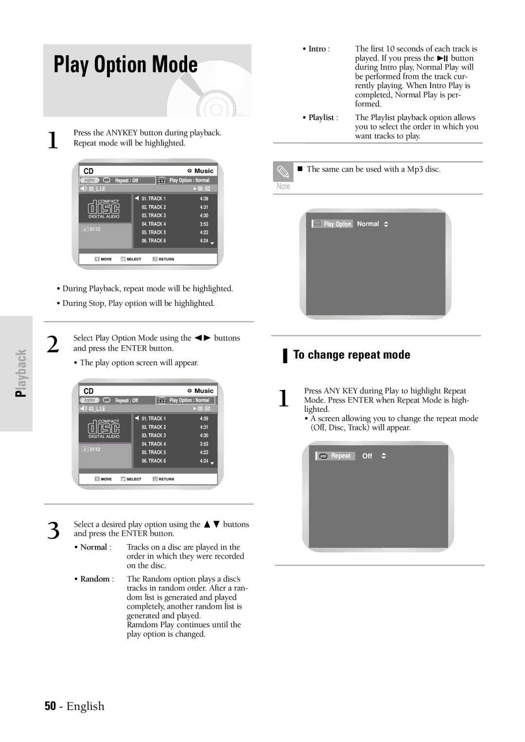 Samsung DVDVR300 instruction manual Play Option Mode, To change repeat mode 