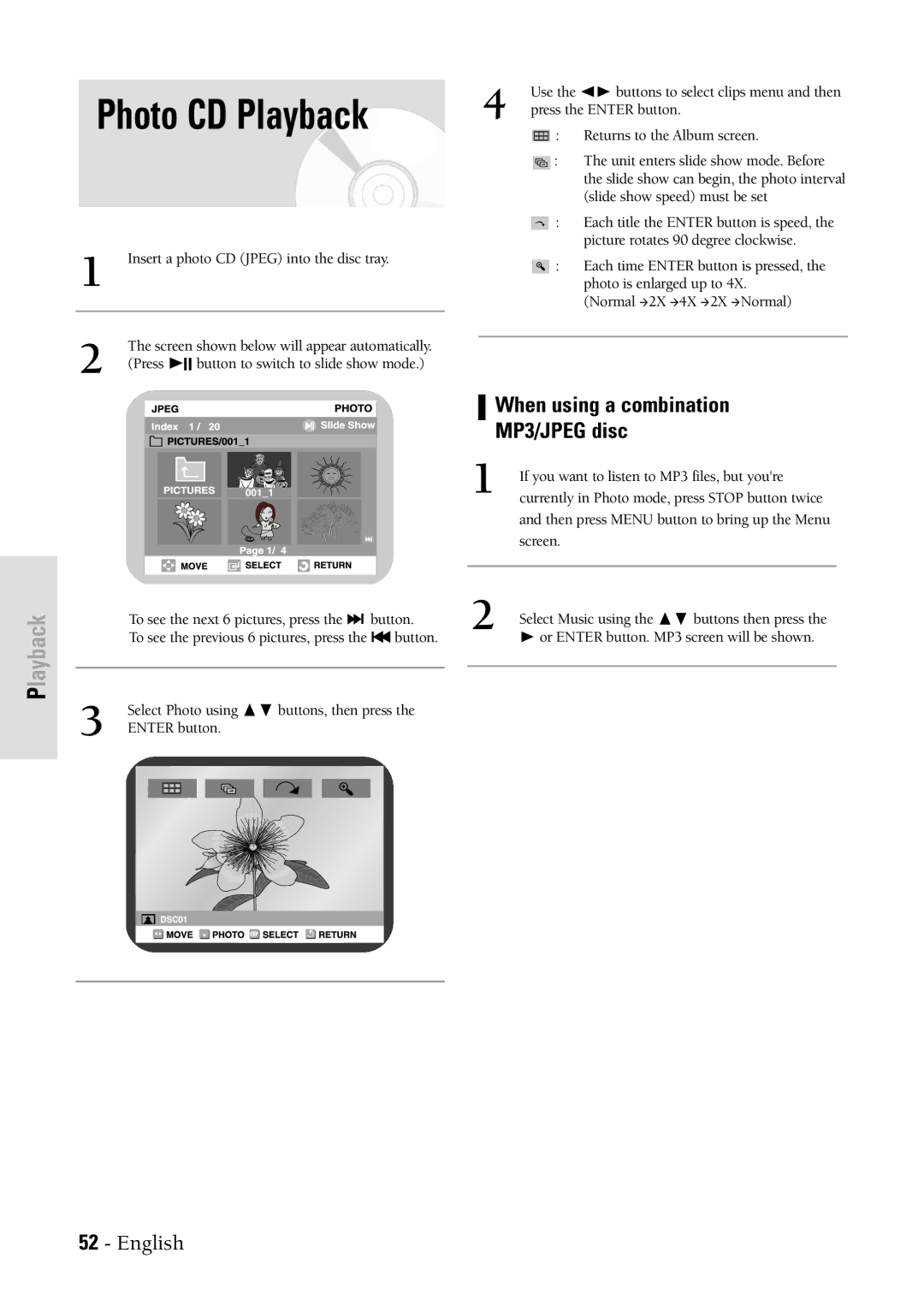 Samsung DVDVR300 instruction manual Photo CD Playback, When using a combination MP3/JPEG disc 