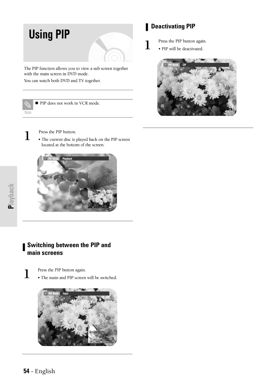 Samsung DVDVR300 instruction manual Using PIP, Deactivating PIP, Switching between the PIP and main screens 