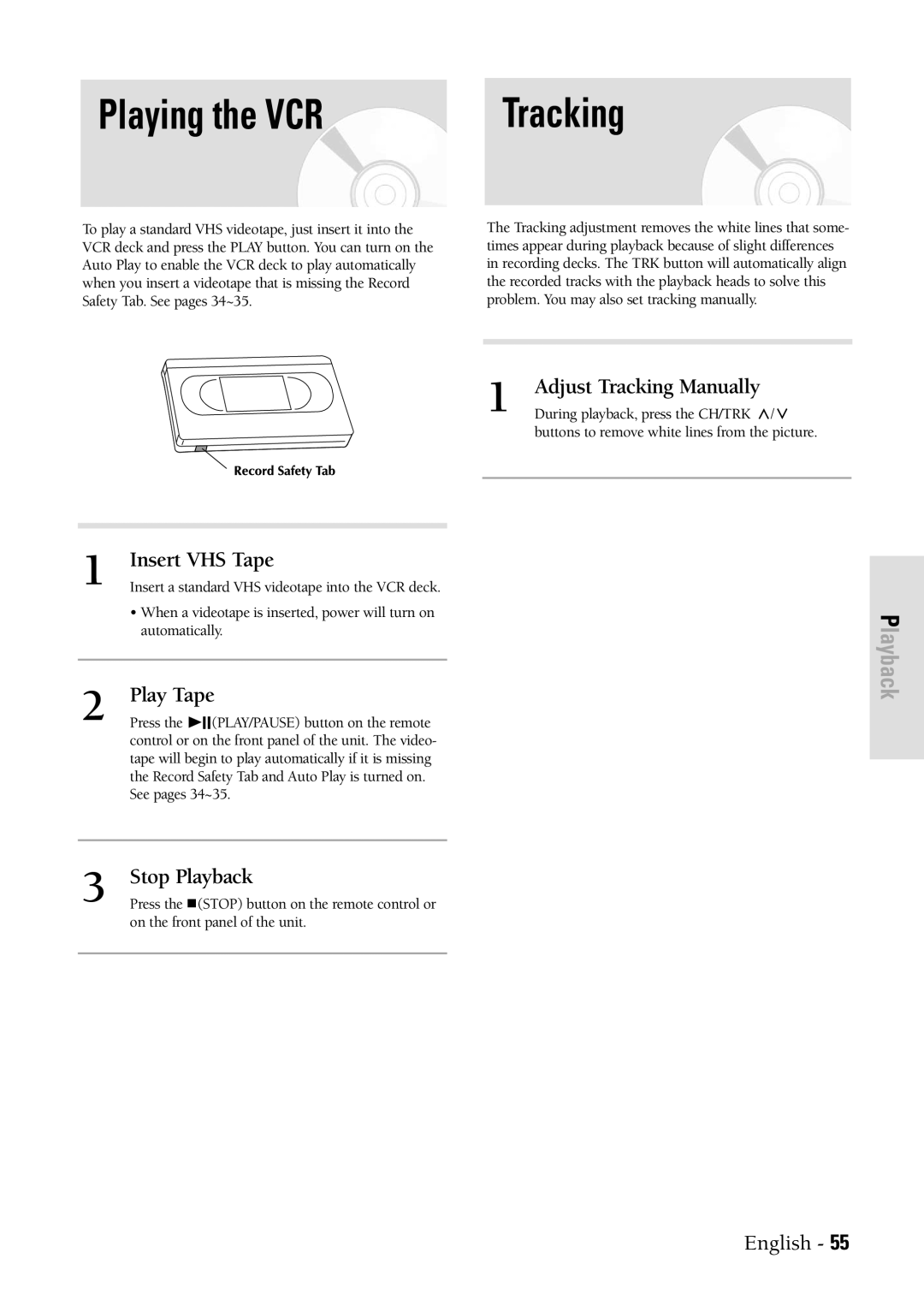 Samsung DVDVR300 Playing the VCR Tracking, Adjust Tracking Manually, Insert VHS Tape, Play Tape, Stop Playback 