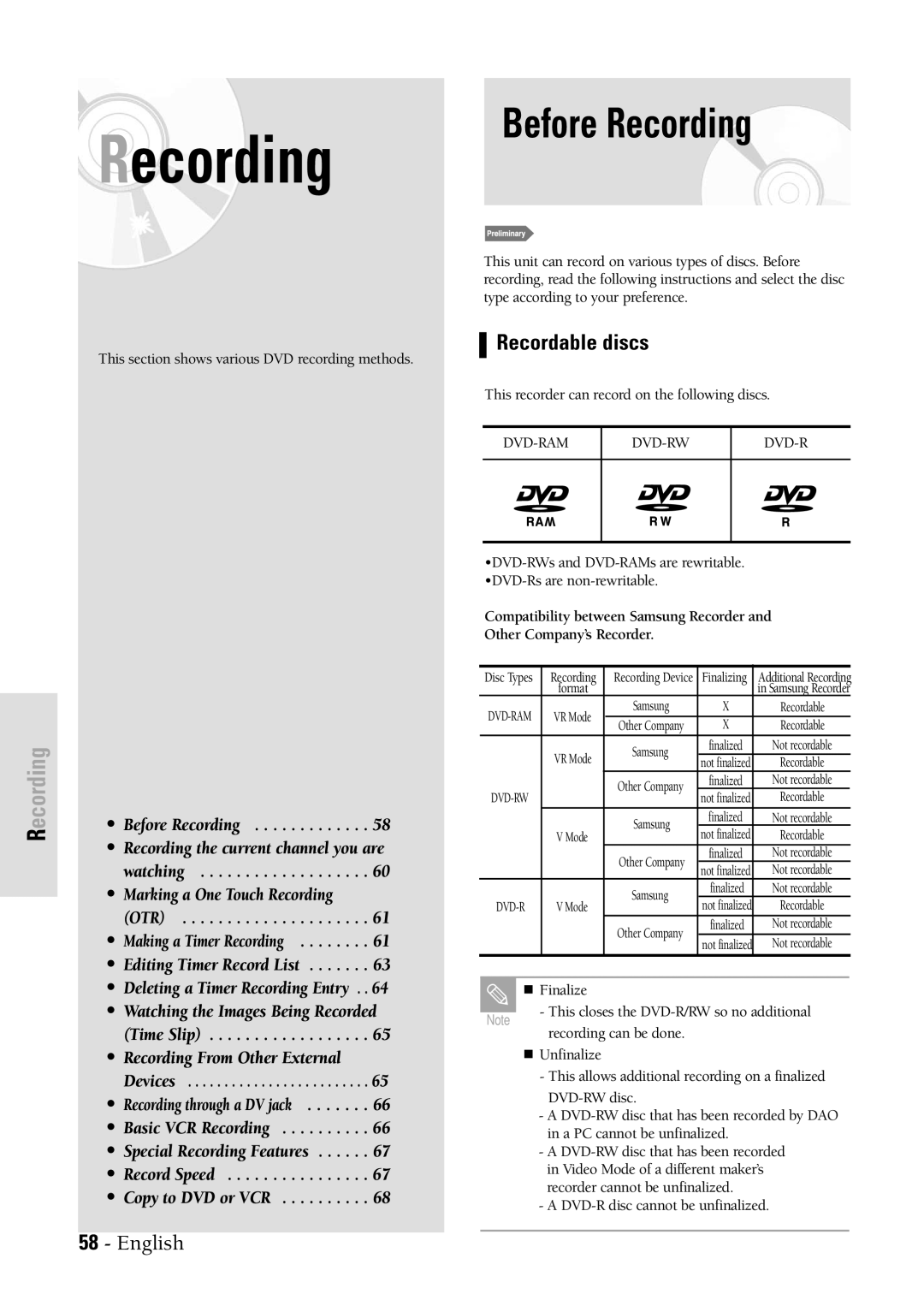 Samsung DVDVR300 instruction manual Before Recording, Recordable discs 