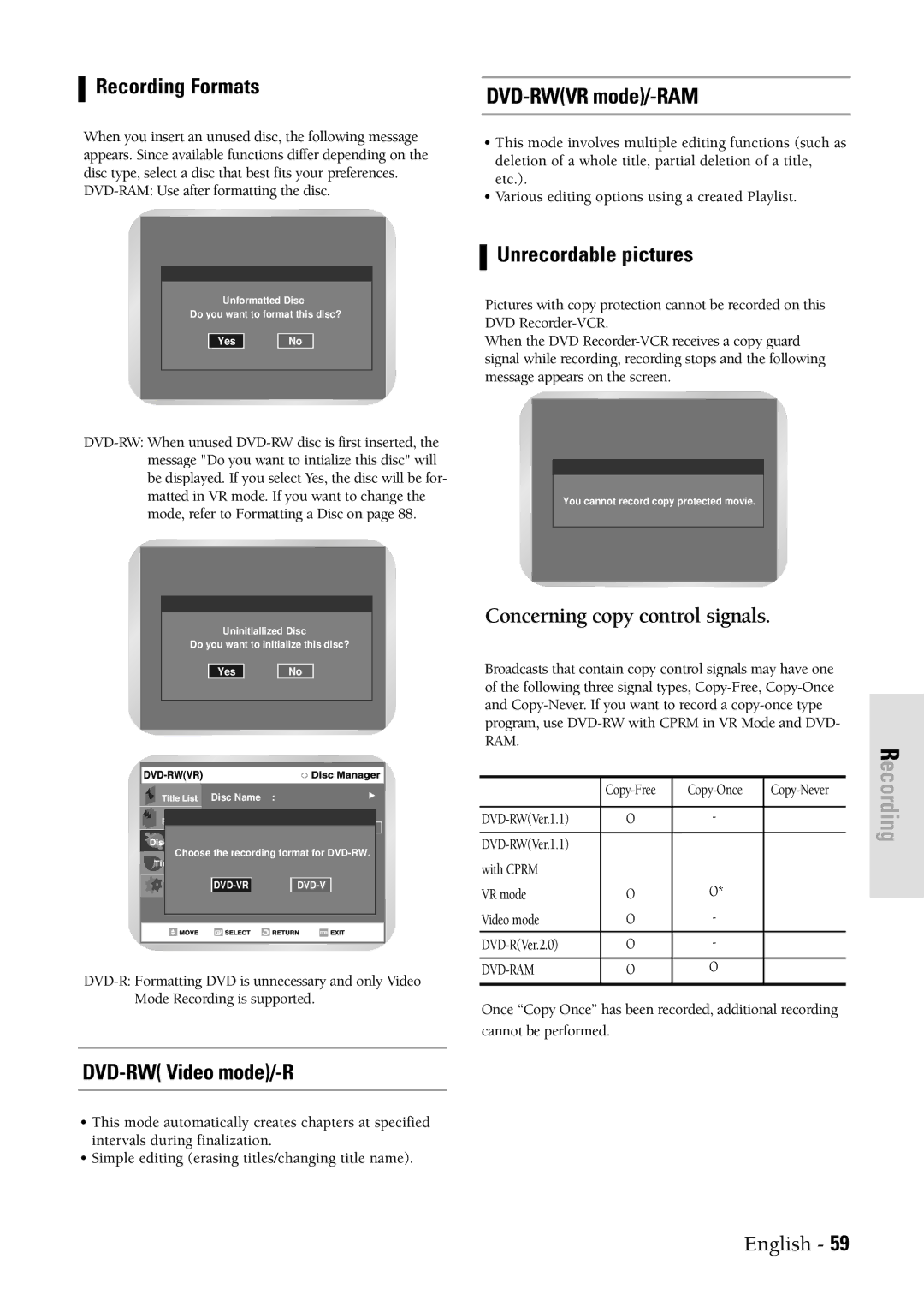 Samsung DVDVR300 instruction manual Recording Formats, DVD-RWVR mode/-RAM, Unrecordable pictures, DVD-RW Video mode/-R 