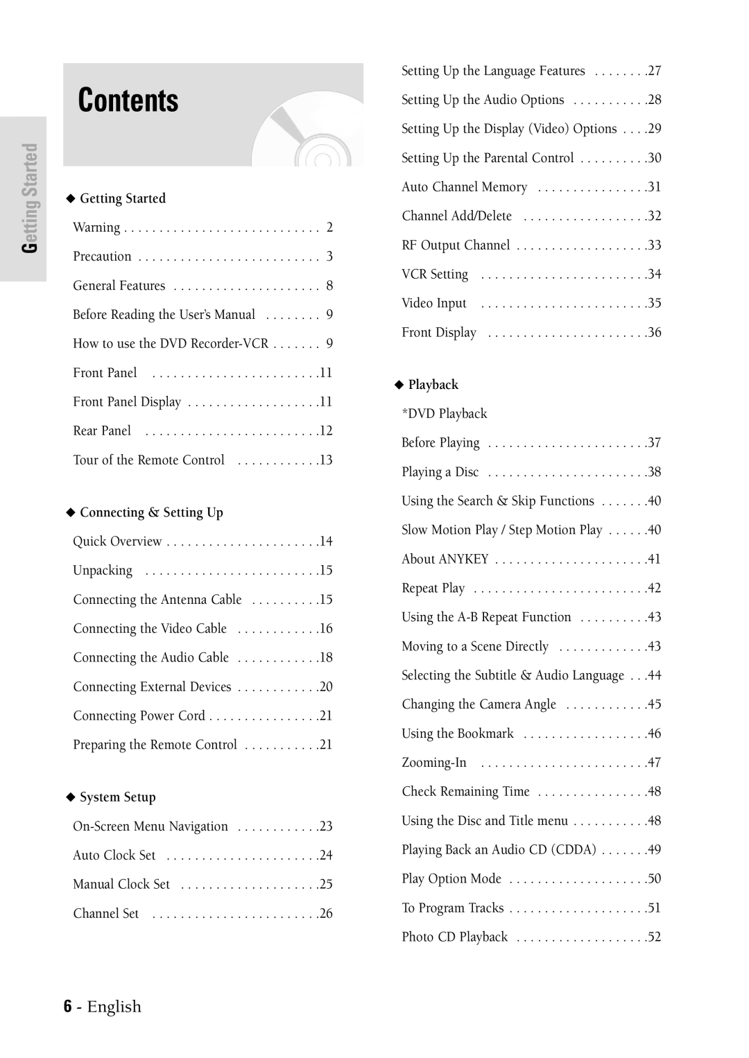 Samsung DVDVR300 instruction manual Contents 