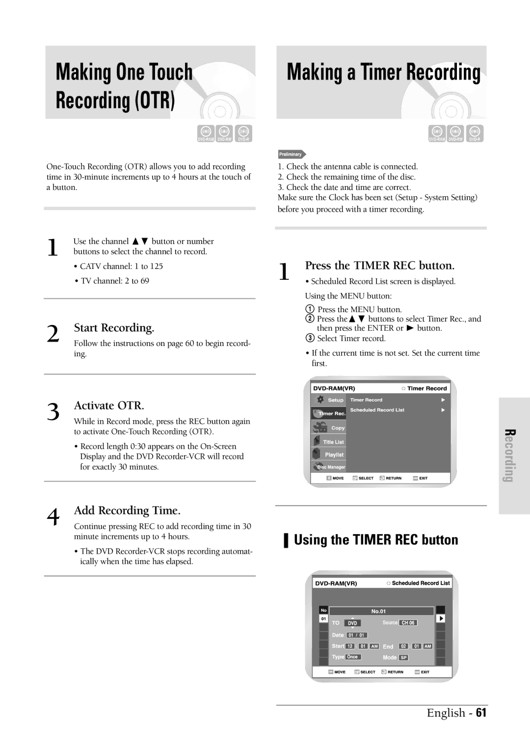 Samsung DVDVR300 instruction manual Making One Touch Recording OTR, Start Recording, Activate OTR, Add Recording Time 