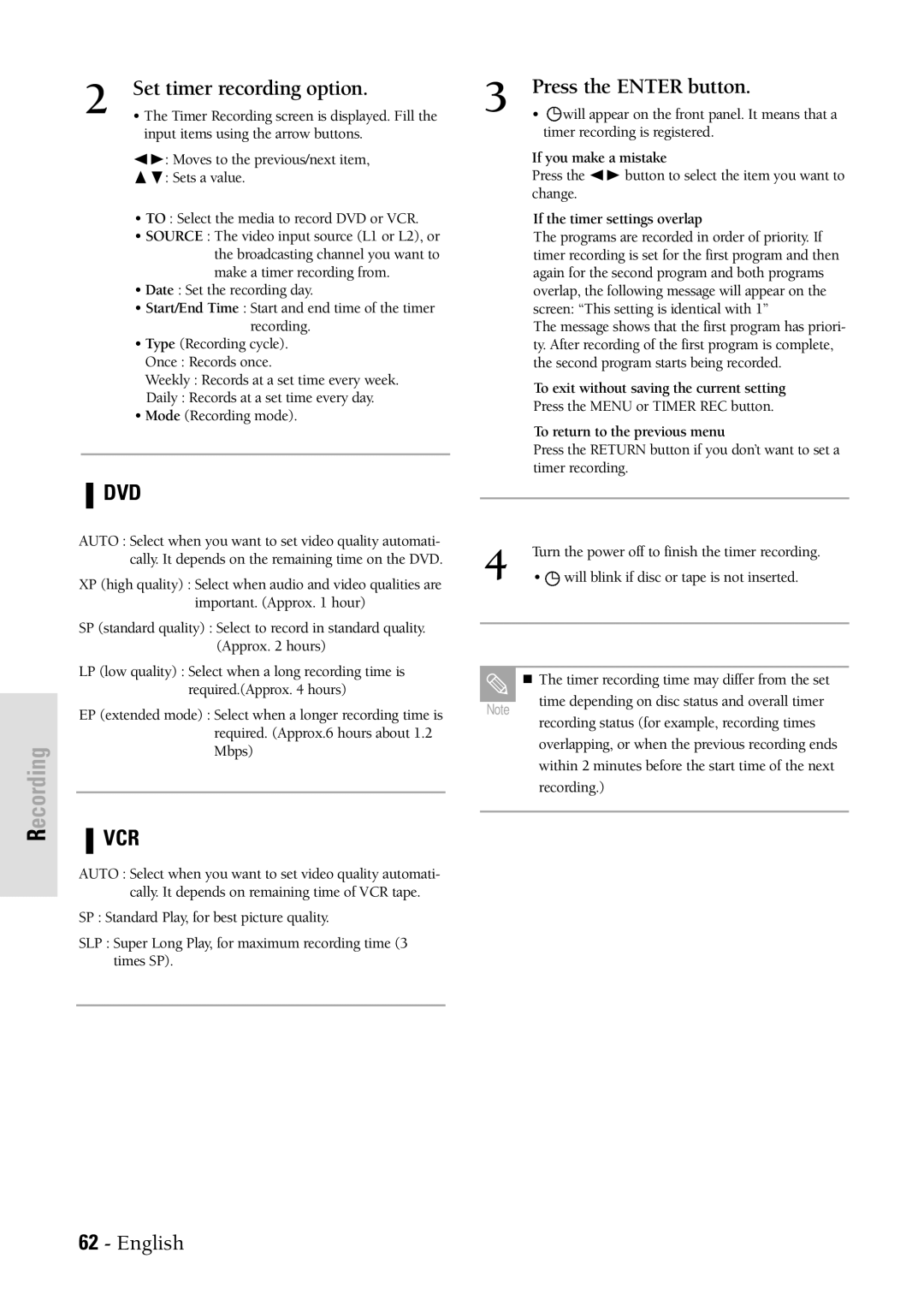 Samsung DVDVR300 instruction manual Set timer recording option, Press the Enter button 