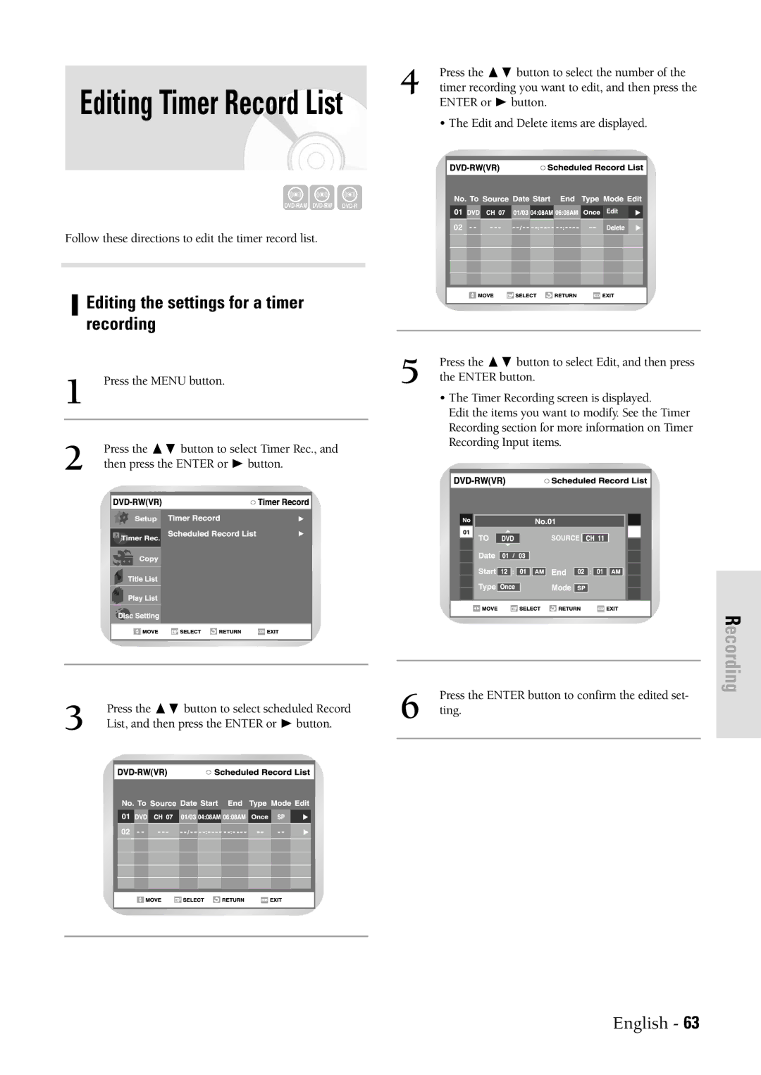 Samsung DVDVR300 instruction manual Editing Timer Record List, Editing the settings for a timer recording 