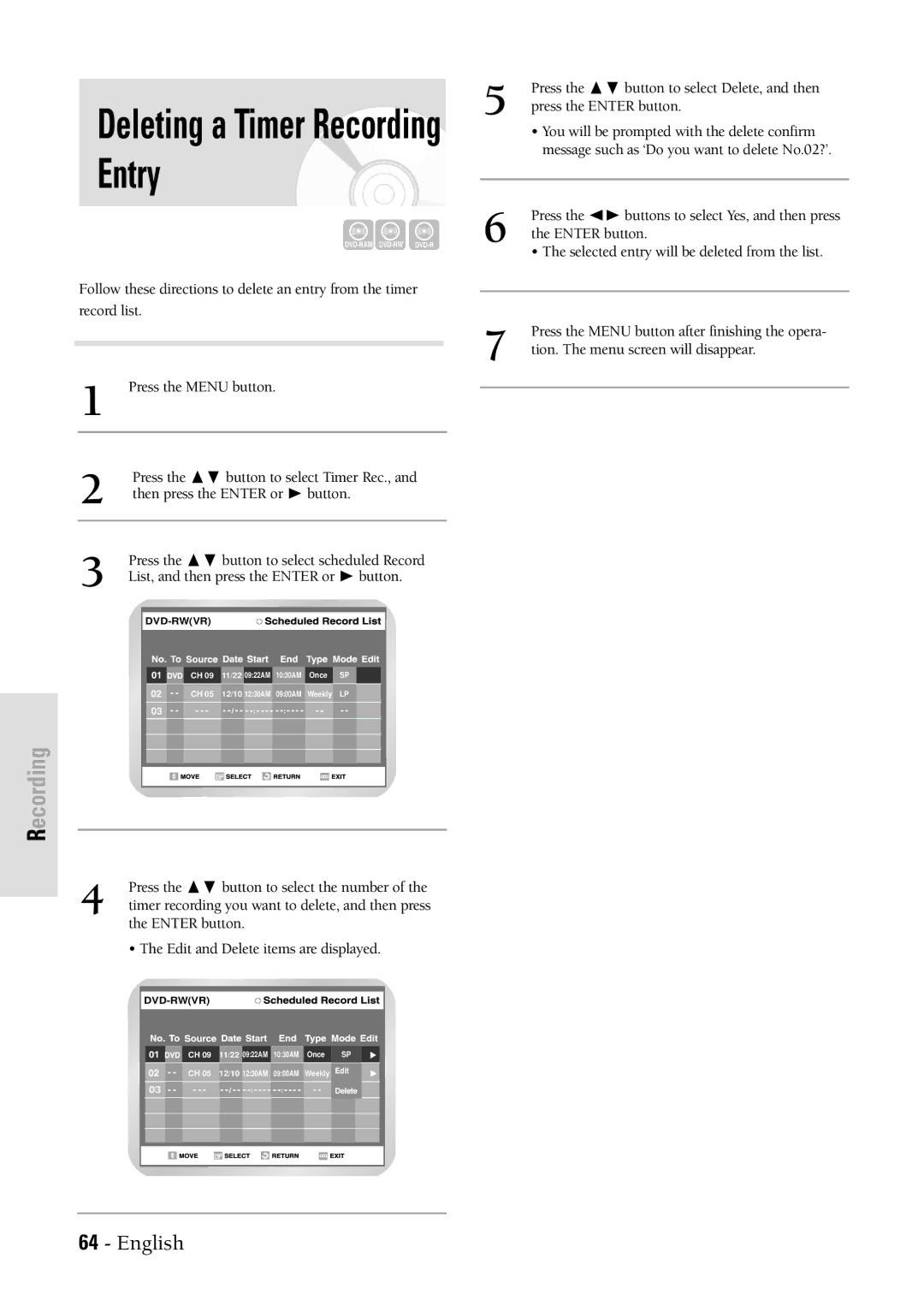 Samsung DVDVR300 instruction manual Deleting a Timer Recording Entry 