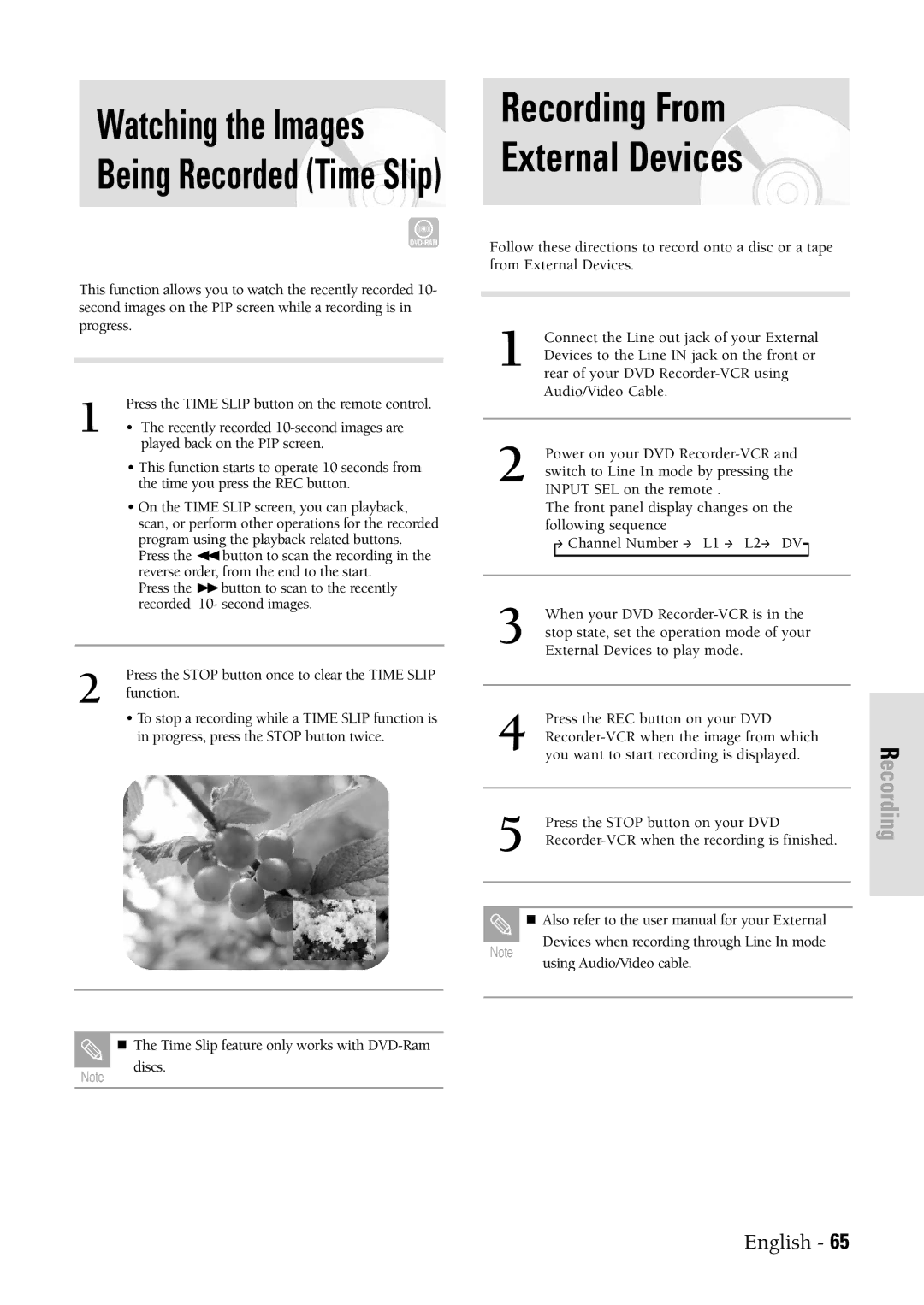 Samsung DVDVR300 instruction manual Recording From External Devices, Watching the Images Being Recorded Time Slip 