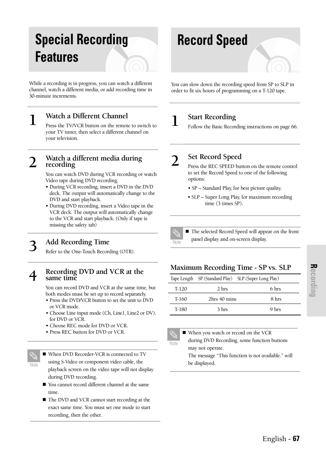 Samsung DVDVR300 instruction manual Record Speed 