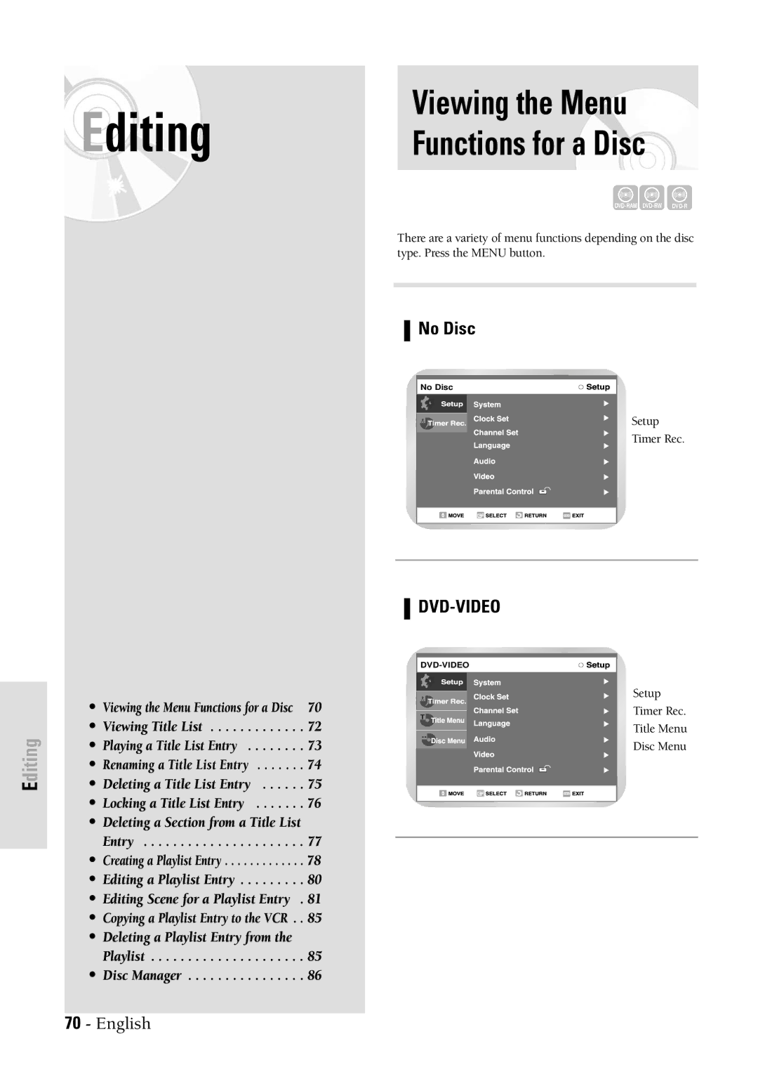 Samsung DVDVR300 instruction manual Editing, No Disc 