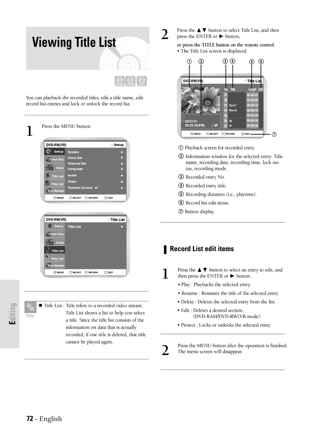 Samsung DVDVR300 Viewing Title List, Record List edit items, Or press the Title button on the remote control 