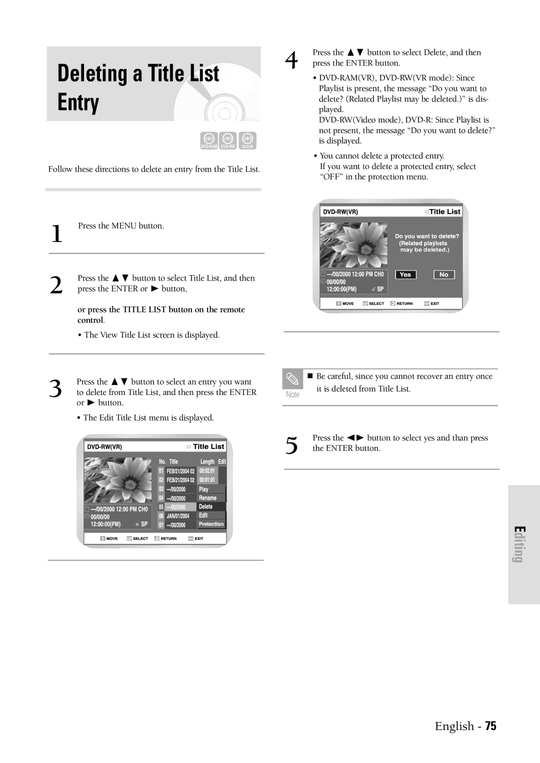 Samsung DVDVR300 instruction manual Deleting a Title List Entry 