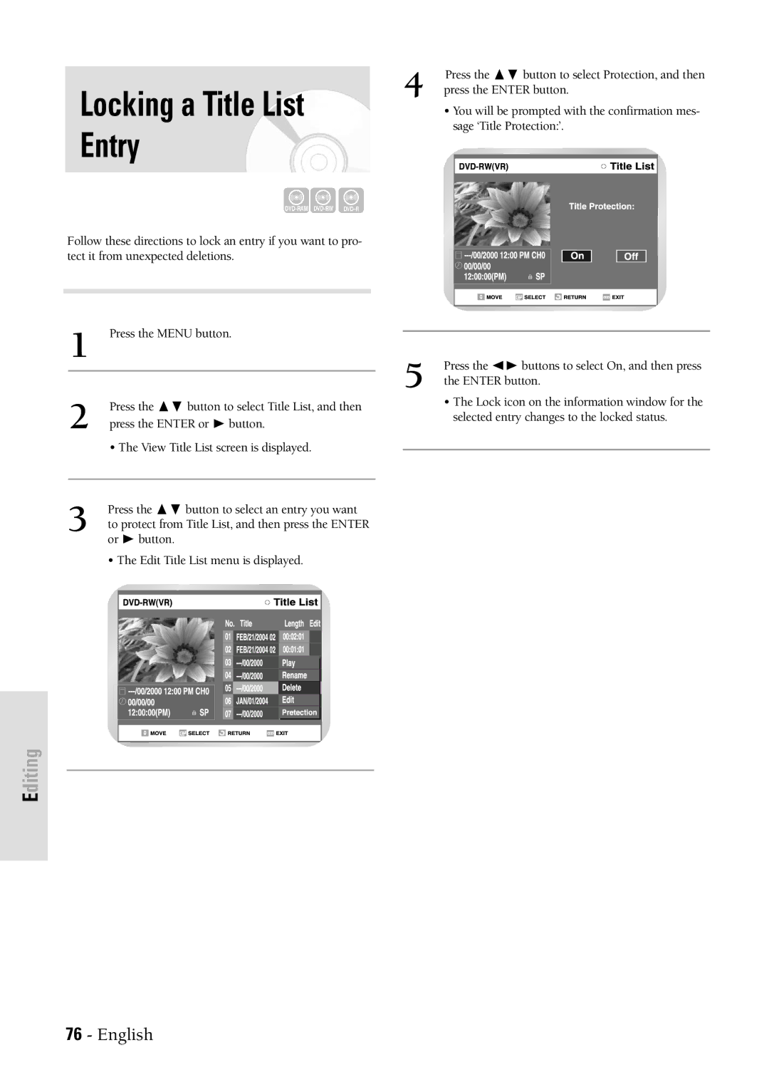 Samsung DVDVR300 instruction manual Locking a Title List Entry 