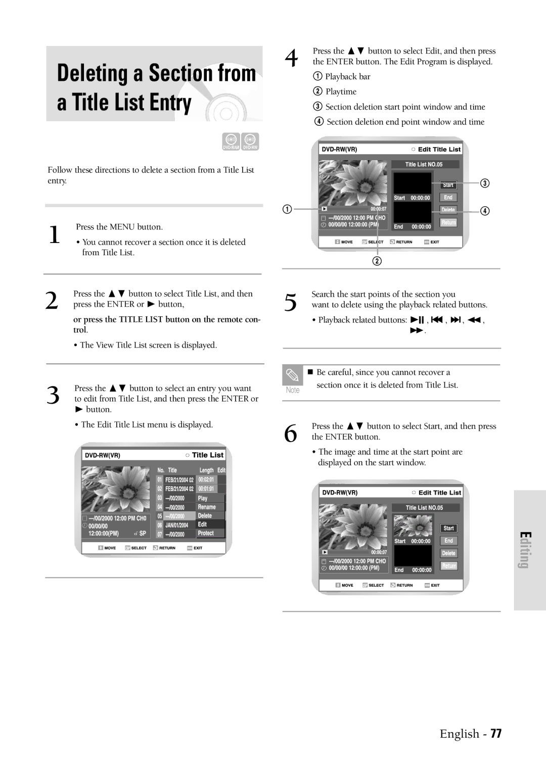 Samsung DVDVR300 instruction manual Deleting a Section from a Title List Entry, Trol 