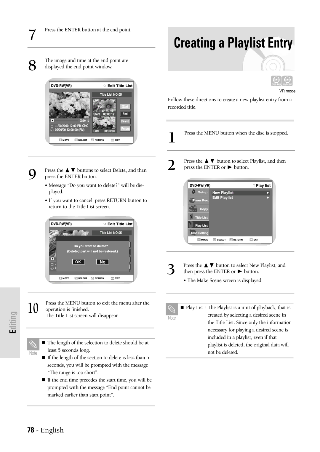 Samsung DVDVR300 instruction manual Creating a Playlist Entry 