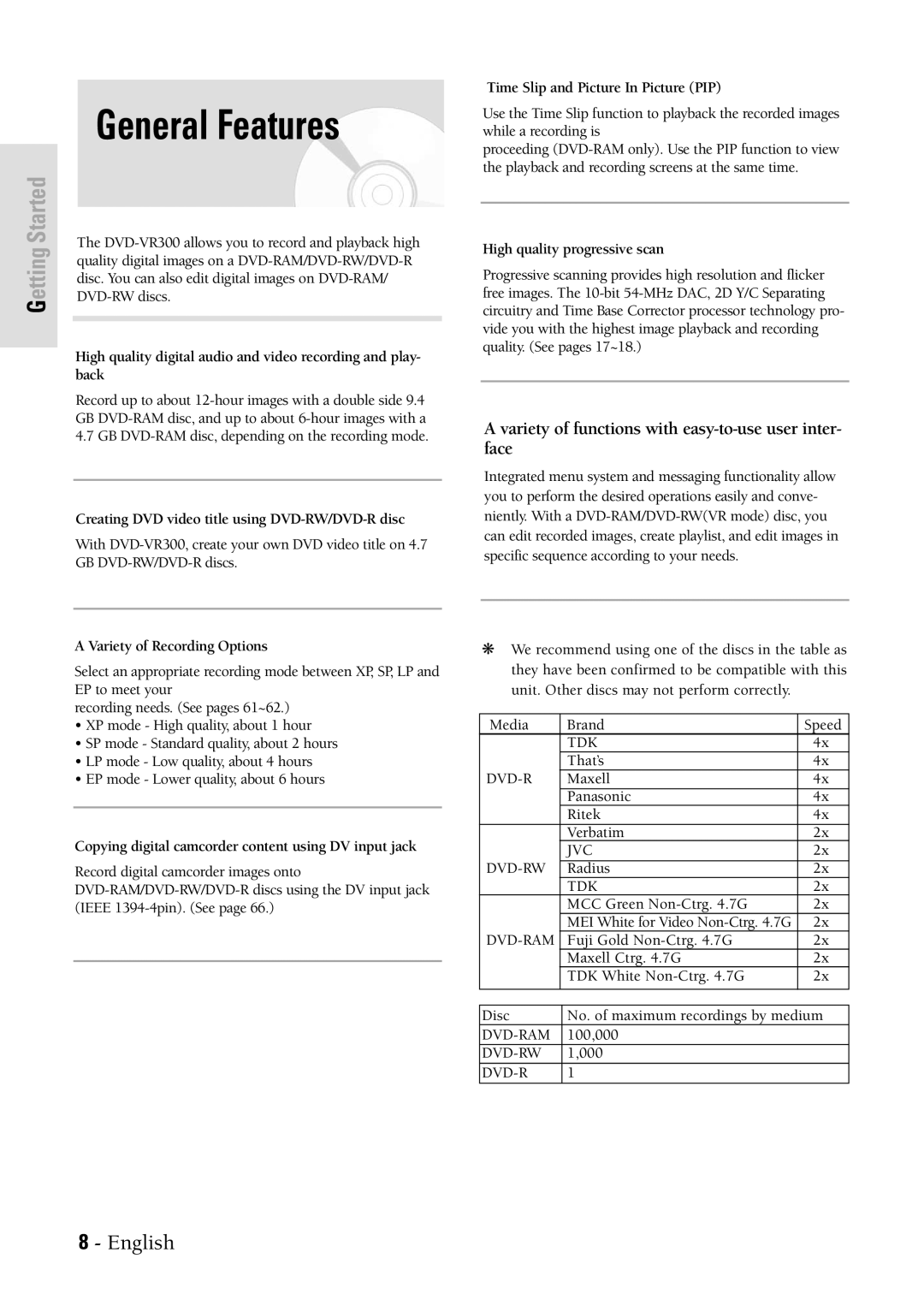 Samsung DVDVR300 instruction manual General Features 