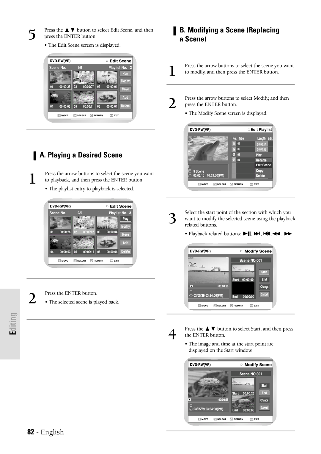 Samsung DVDVR300 instruction manual Modifying a Scene Replacing a Scene, Playing a Desired Scene 