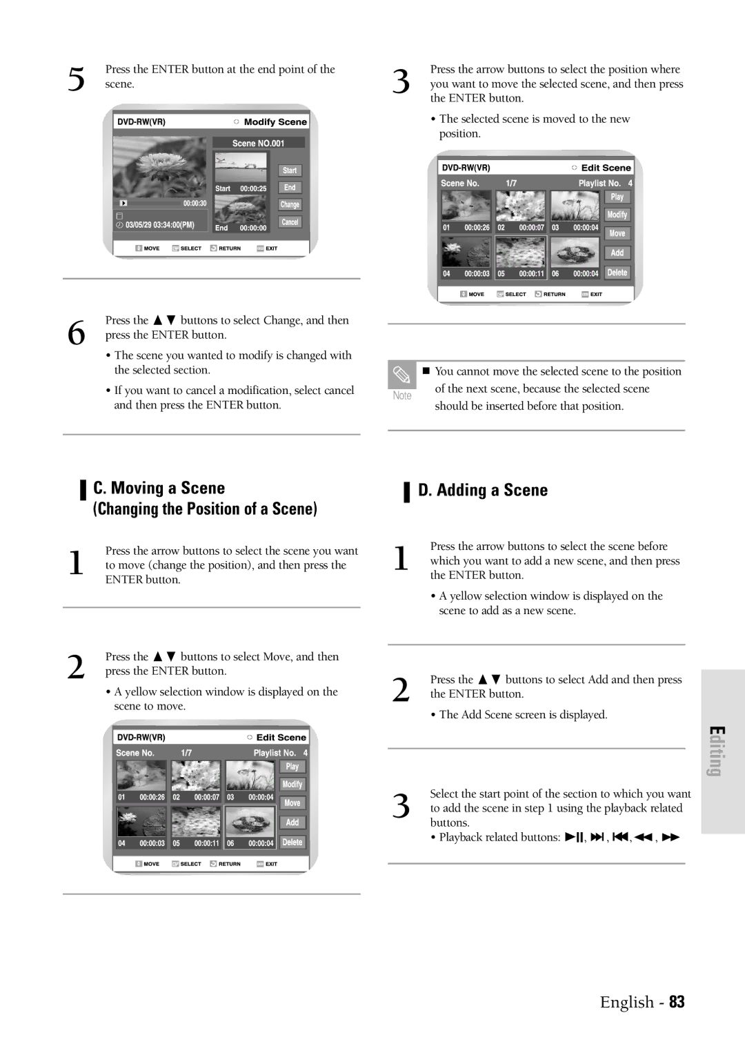 Samsung DVDVR300 instruction manual Moving a Scene Changing the Position of a Scene, Adding a Scene 