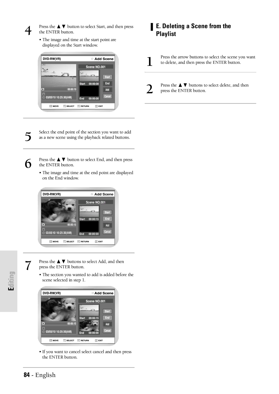 Samsung DVDVR300 instruction manual Deleting a Scene from Playlist 