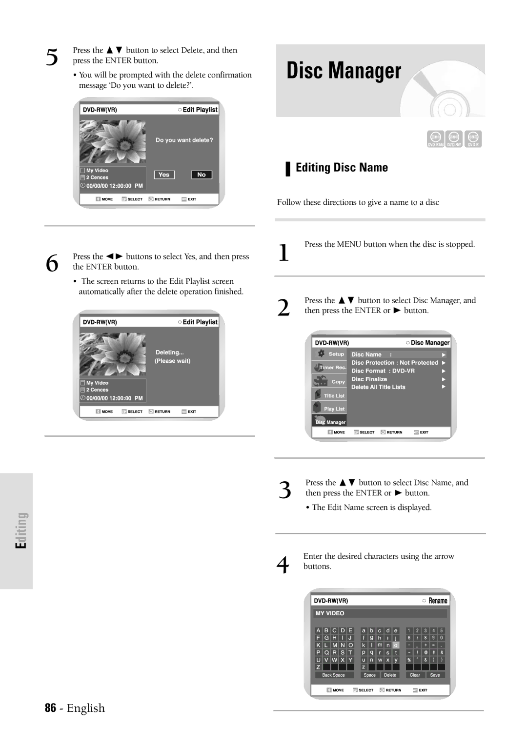 Samsung DVDVR300 instruction manual Disc Manager, Editing Disc Name 