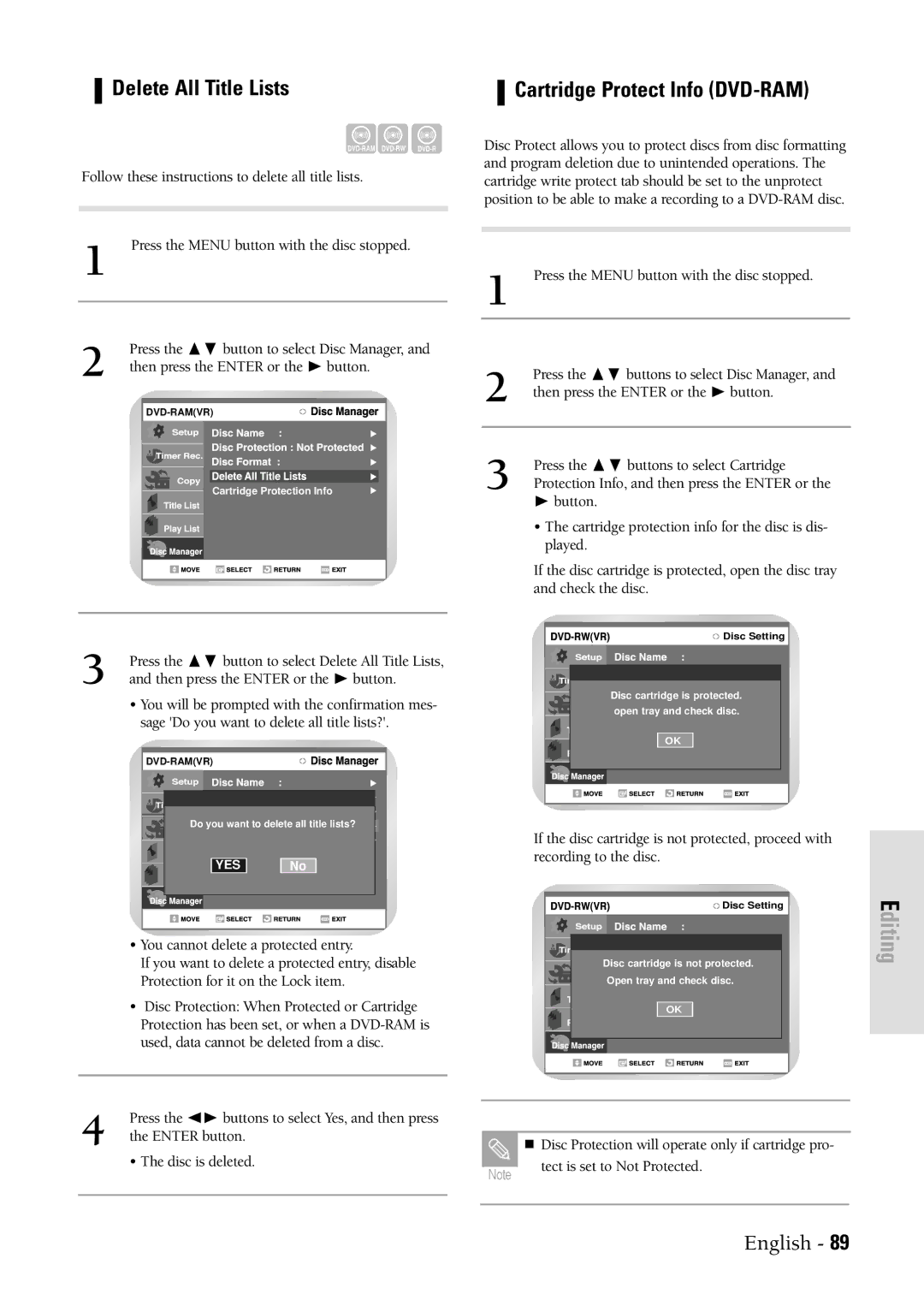 Samsung DVDVR300 Delete All Title Lists Cartridge Protect Info DVD-RAM, Used, data cannot be deleted from a disc 