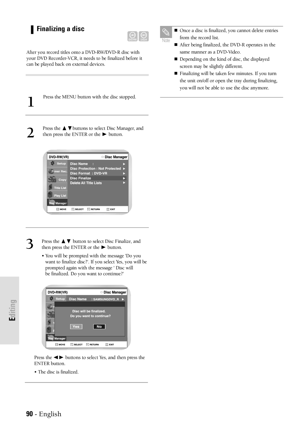 Samsung DVDVR300 instruction manual Finalizing a disc 