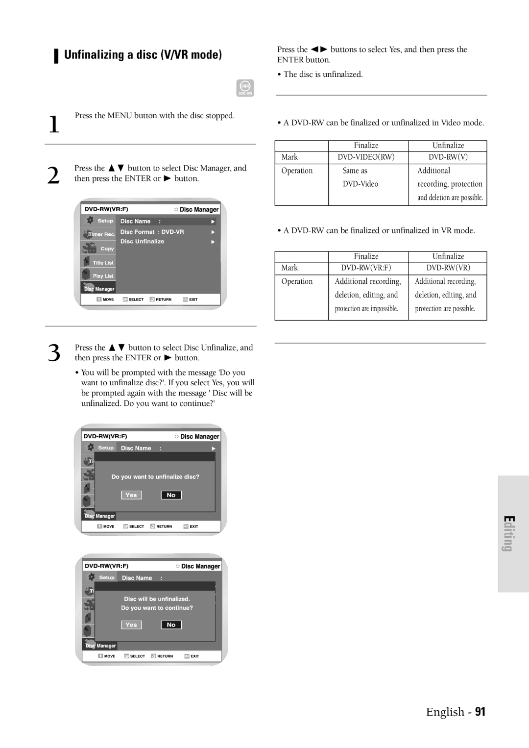 Samsung DVDVR300 instruction manual Unfinalizing a disc V/VR mode, Operation 