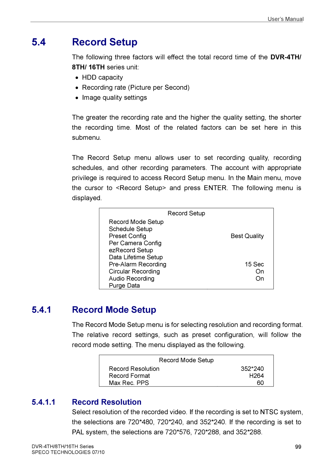 Samsung DVR-16TH, DVR-4TH, DVR-8TH user manual Record Setup, Record Resolution 