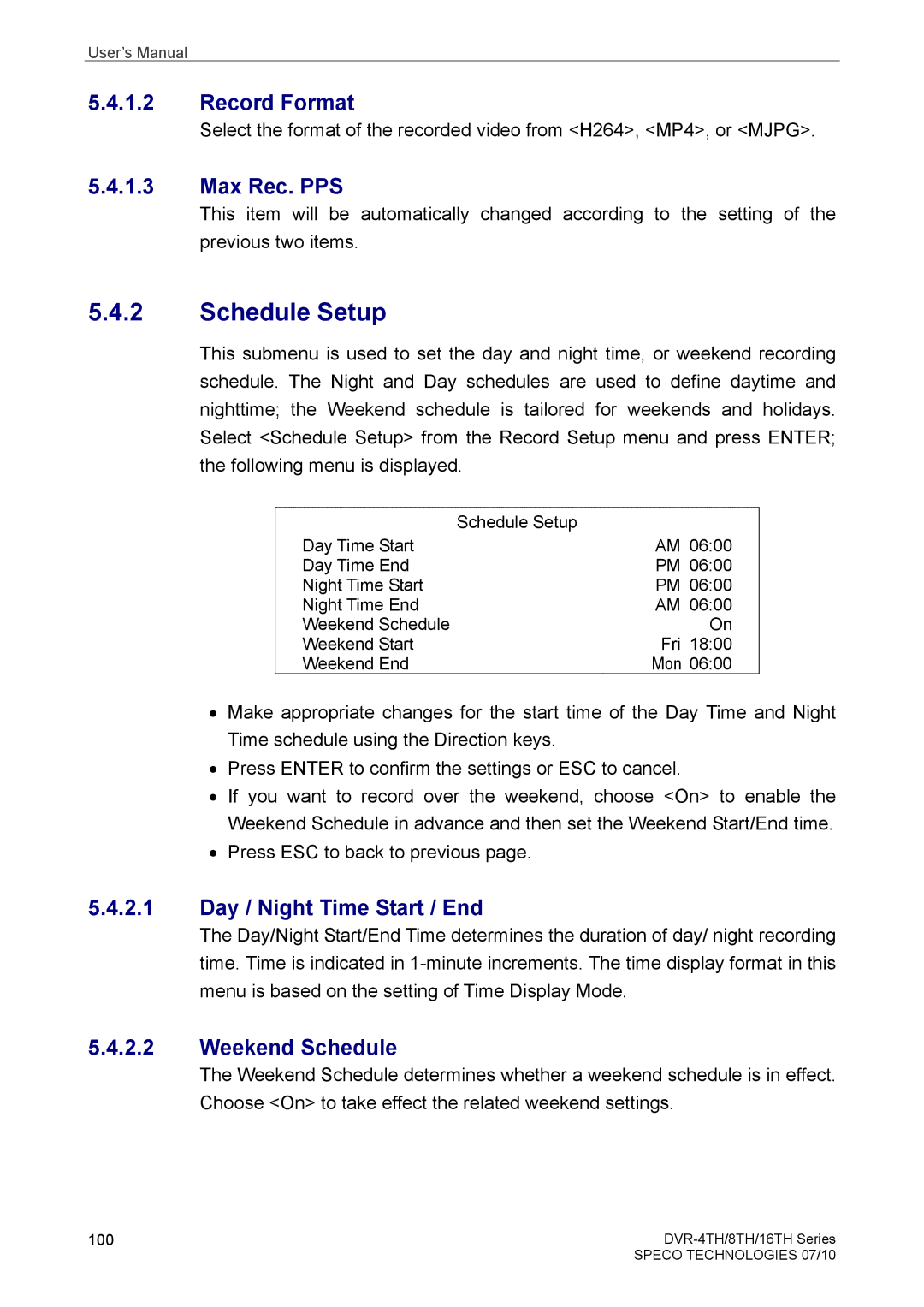 Samsung DVR-8TH, DVR-4TH, DVR-16TH user manual Record Format, Max Rec. PPS, Day / Night Time Start / End, Weekend Schedule 