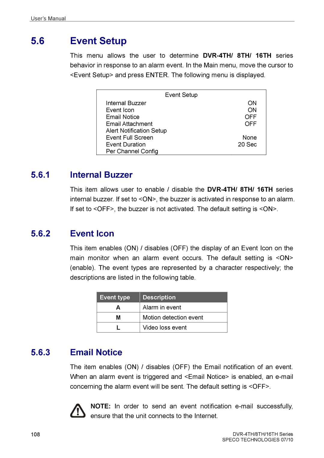 Samsung DVR-16TH, DVR-4TH, DVR-8TH user manual Event Setup, Internal Buzzer, Event Icon, Email Notice 